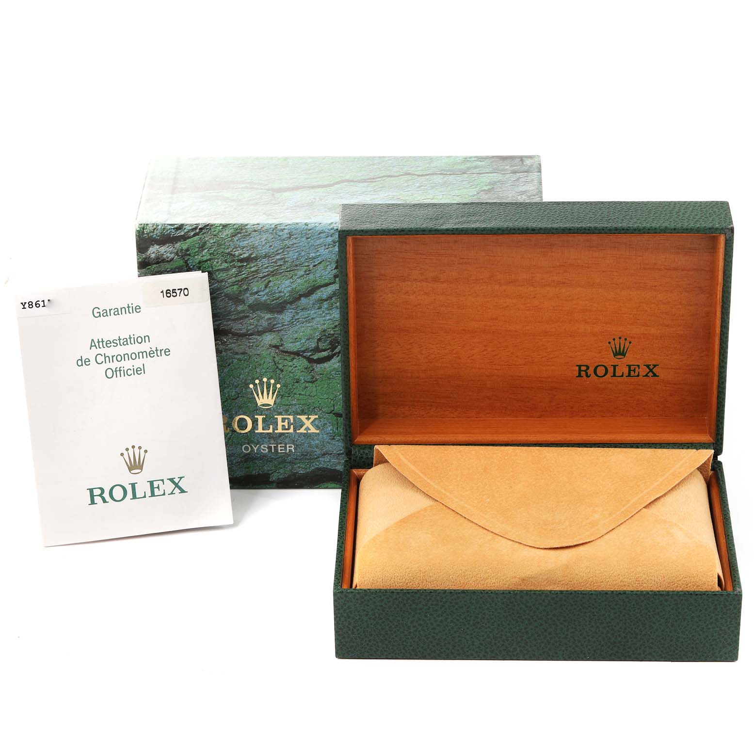 This image shows the box, suede pouch, and official documentation for a Rolex Explorer 16570 Men
s Stainless Steel White Dial 16570 Men
s Stainless Steel White Dial model.