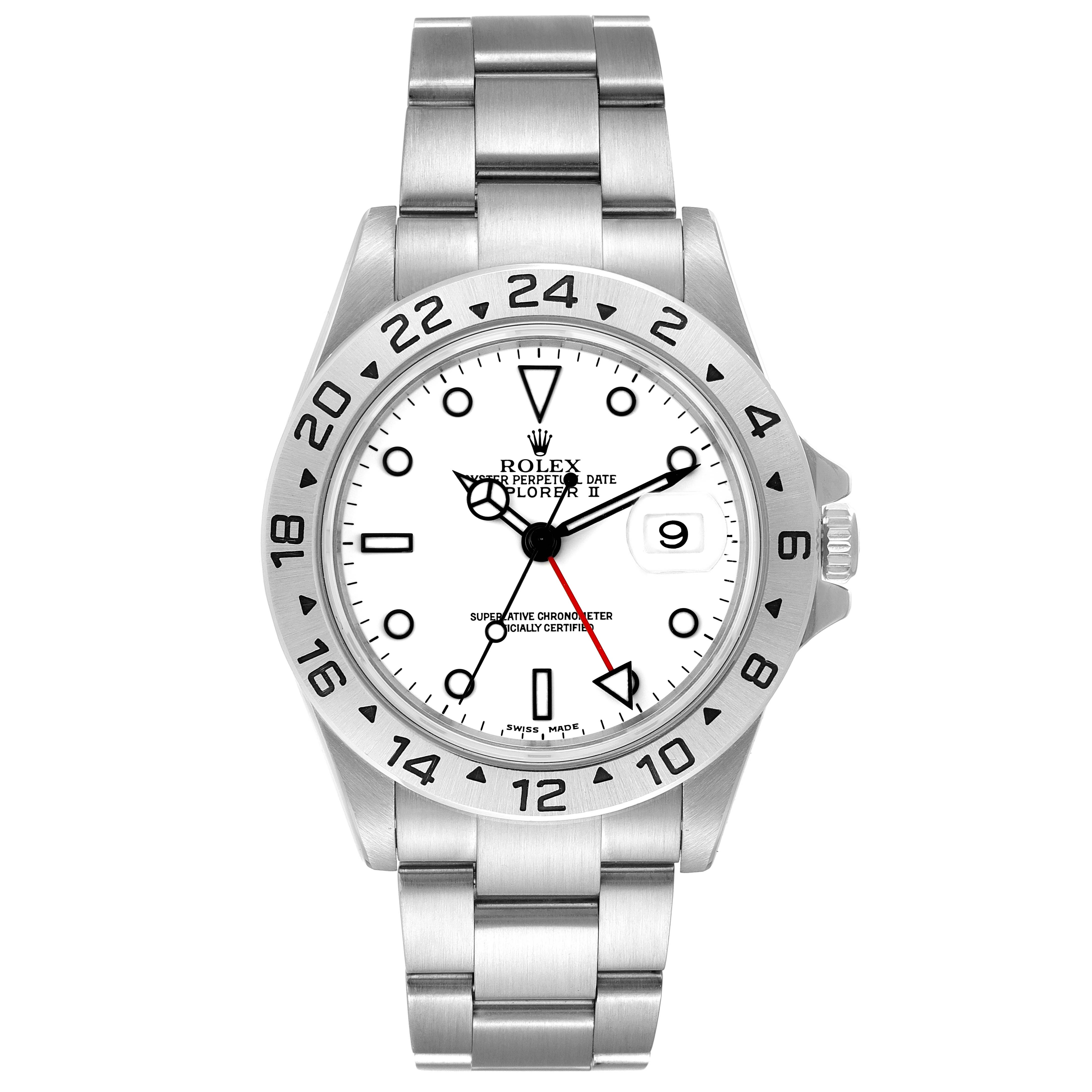 The image shows a front view of a Rolex Explorer 16570 Men
s Stainless Steel White Dial 16570 Men
s Stainless Steel White Dial watch with a stainless steel bracelet and white dial.