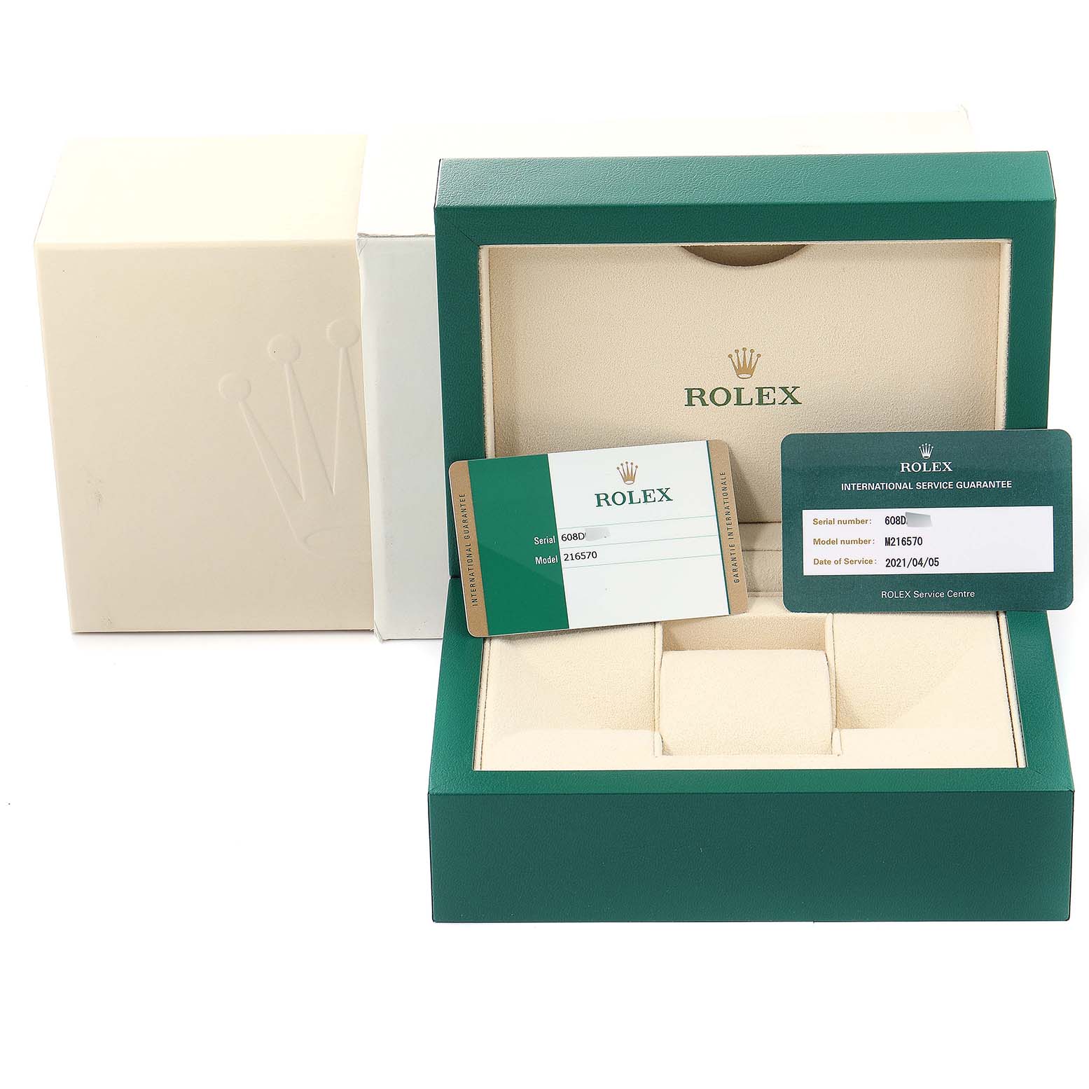 The image shows a Rolex Explorer 216570 Men's Stainless Steel Black Dial 216570 Men's Stainless Steel Black Dial watch box, guarantee card, and service guarantee card at a frontal angle.