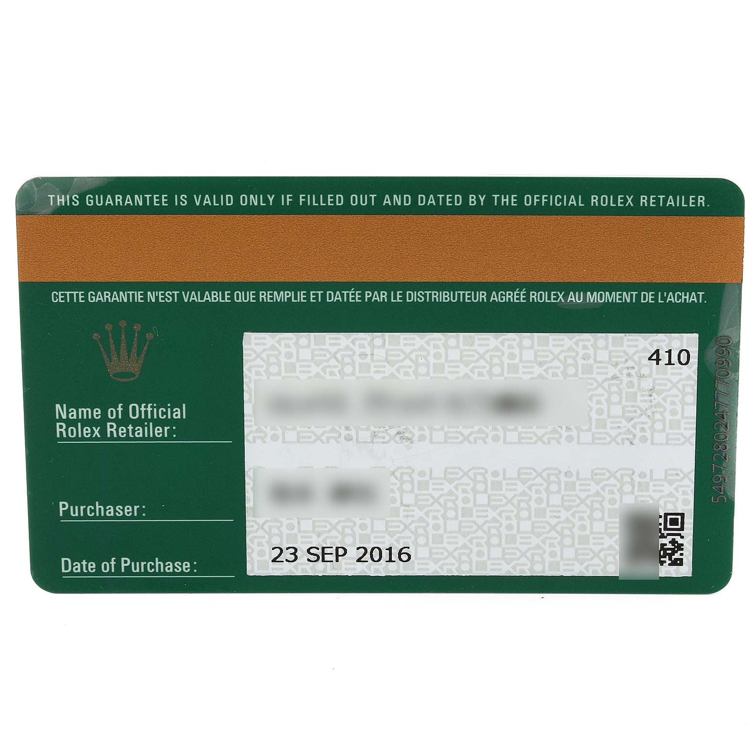 This image shows a guarantee card for the Explorer model by Rolex, displaying purchase details and retailer information.