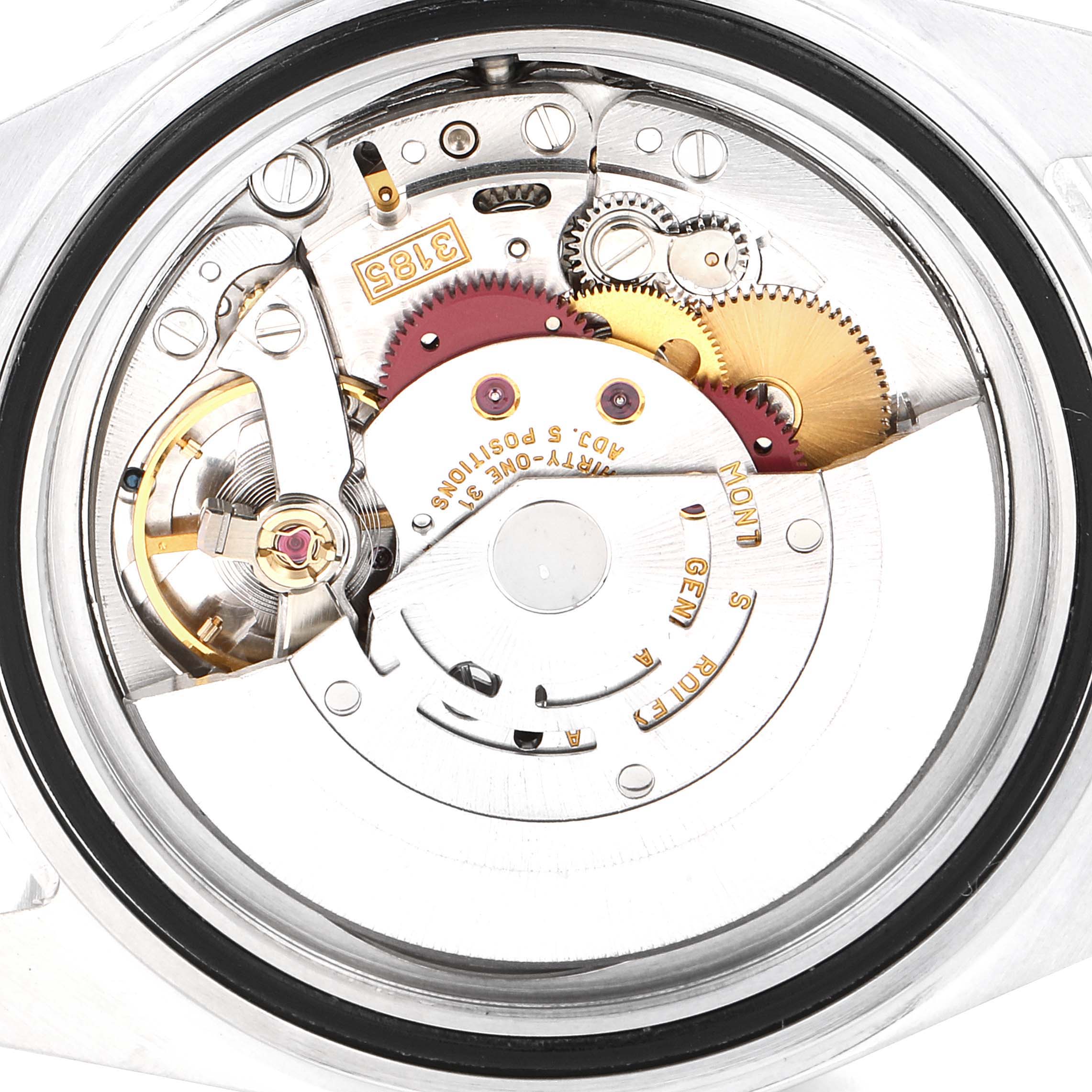 The image shows the intricate inner movement and mechanism of a Rolex Explorer 16570 Men
s Stainless Steel Black Dial 16570 Men
s Stainless Steel Black Dial watch from a back view.