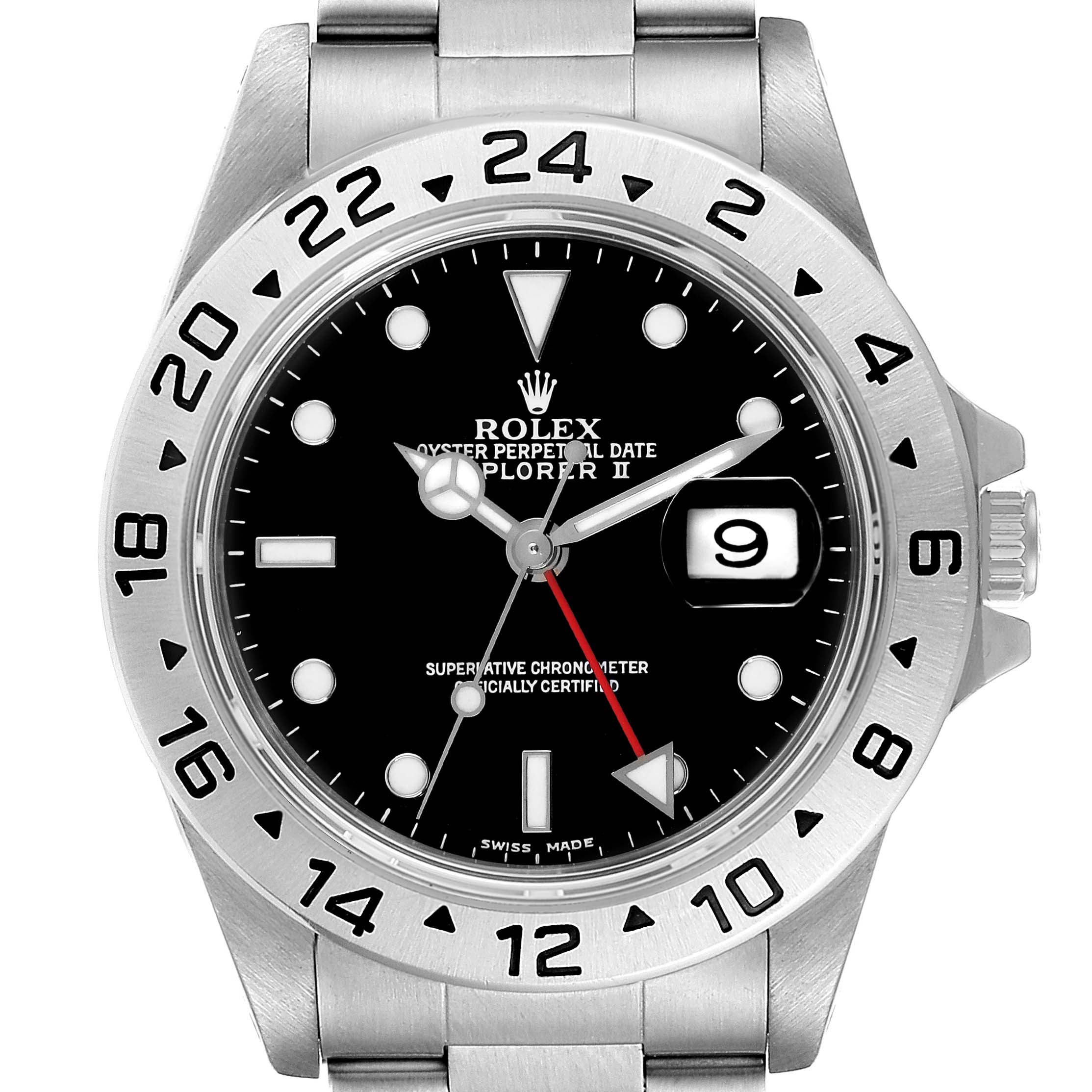 This Rolex Explorer 16570 Men
s Stainless Steel Black Dial 16570 Men
s Stainless Steel Black Dial watch is shown from a front angle, highlighting the dial, bezel, date window, and stainless steel bracelet.