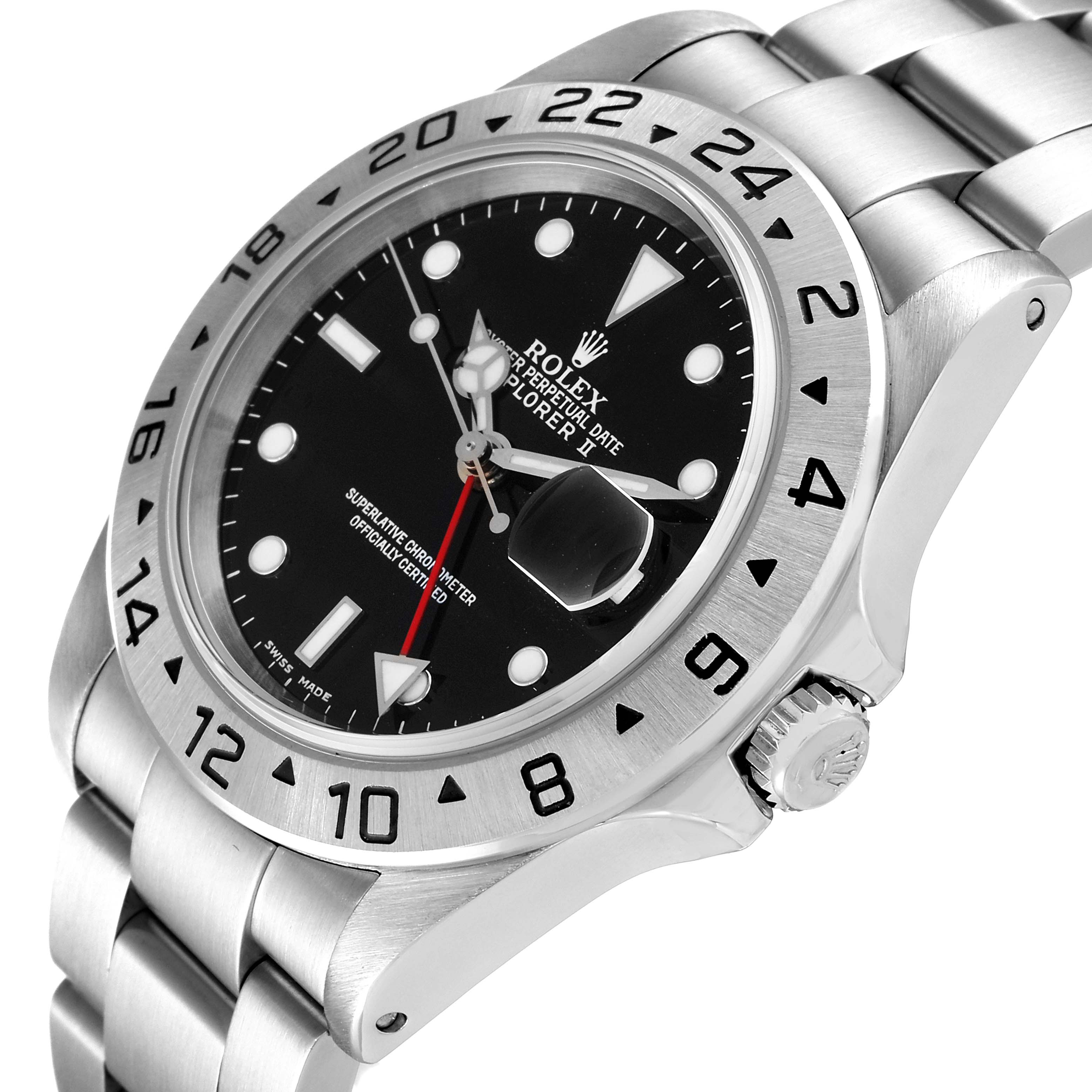 The image shows a Rolex Explorer 16570 Men
s Stainless Steel Black Dial 16570 Men
s Stainless Steel Black Dial watch from an angled side view, displaying the bezel, crown, and part of the bracelet.