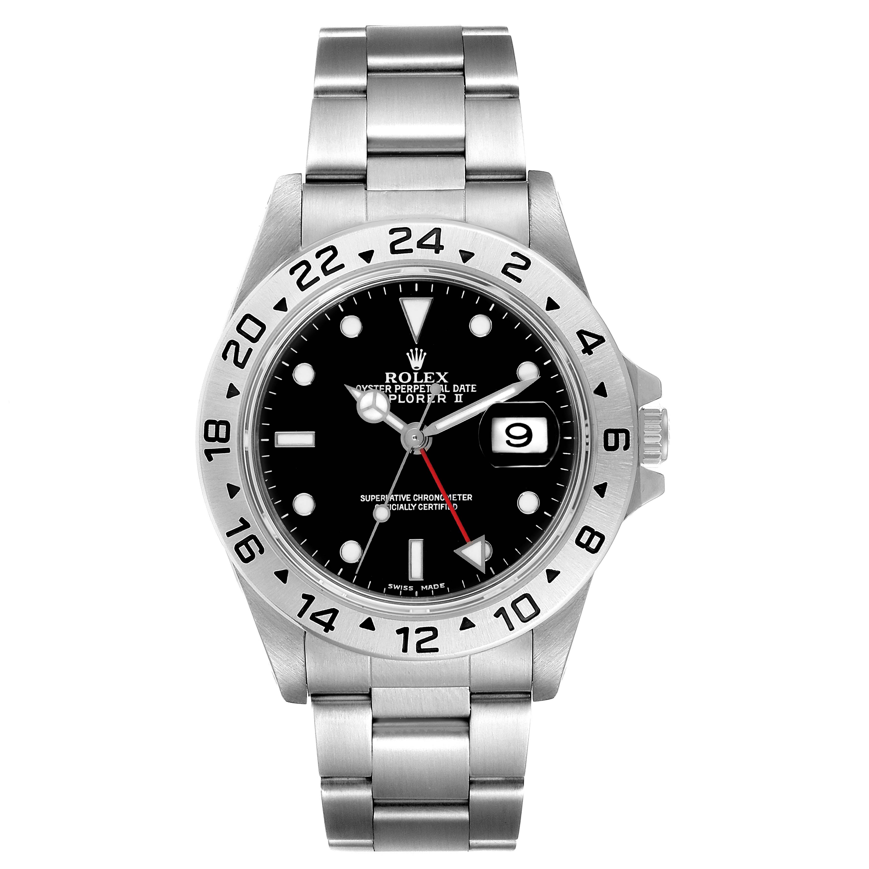 The Rolex Explorer 16570 Men
s Stainless Steel Black Dial 16570 Men
s Stainless Steel Black Dial model watch is shown from a front angle, displaying its face, bezel, and stainless steel bracelet.