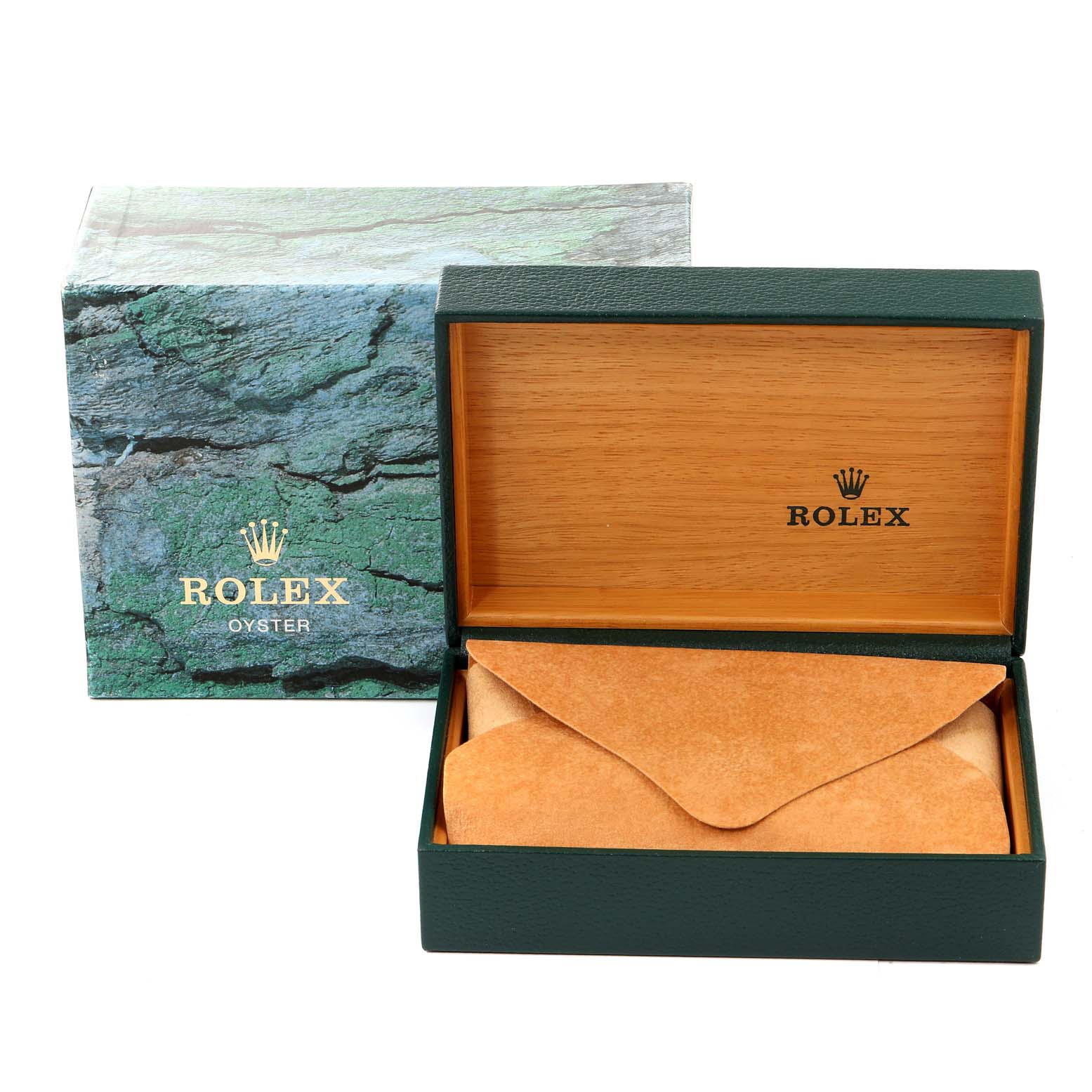 The image shows the packaging and box for the Rolex Explorer 16570 Men
s Stainless Steel Black Dial 16570 Men
s Stainless Steel Black Dial model, including the inner case and outer green box with the branding.