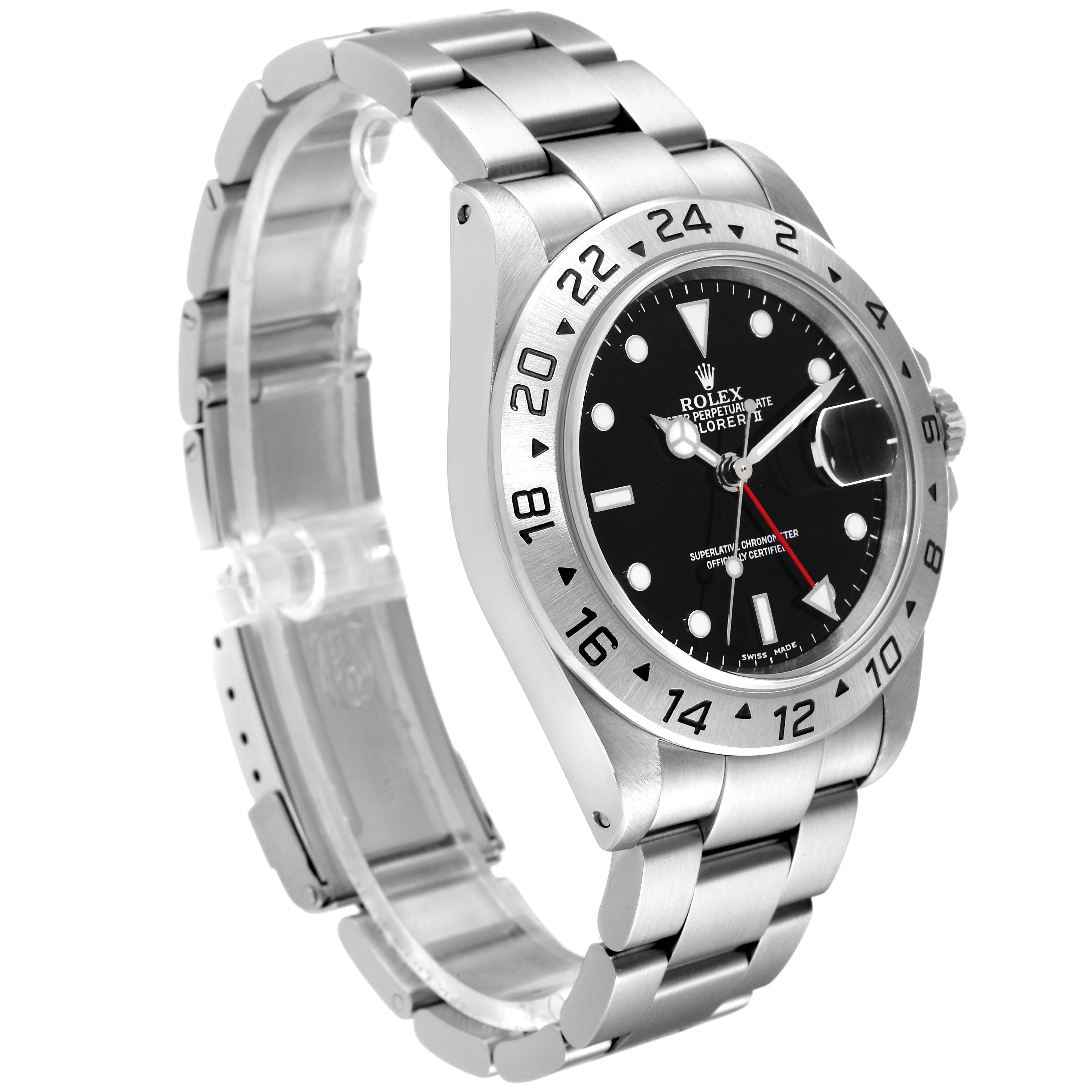 The Rolex Explorer 16570 Men
s Stainless Steel Black Dial 16570 Men
s Stainless Steel Black Dial watch is shown at a three-quarter angle, displaying its face, bezel, crown, and bracelet.