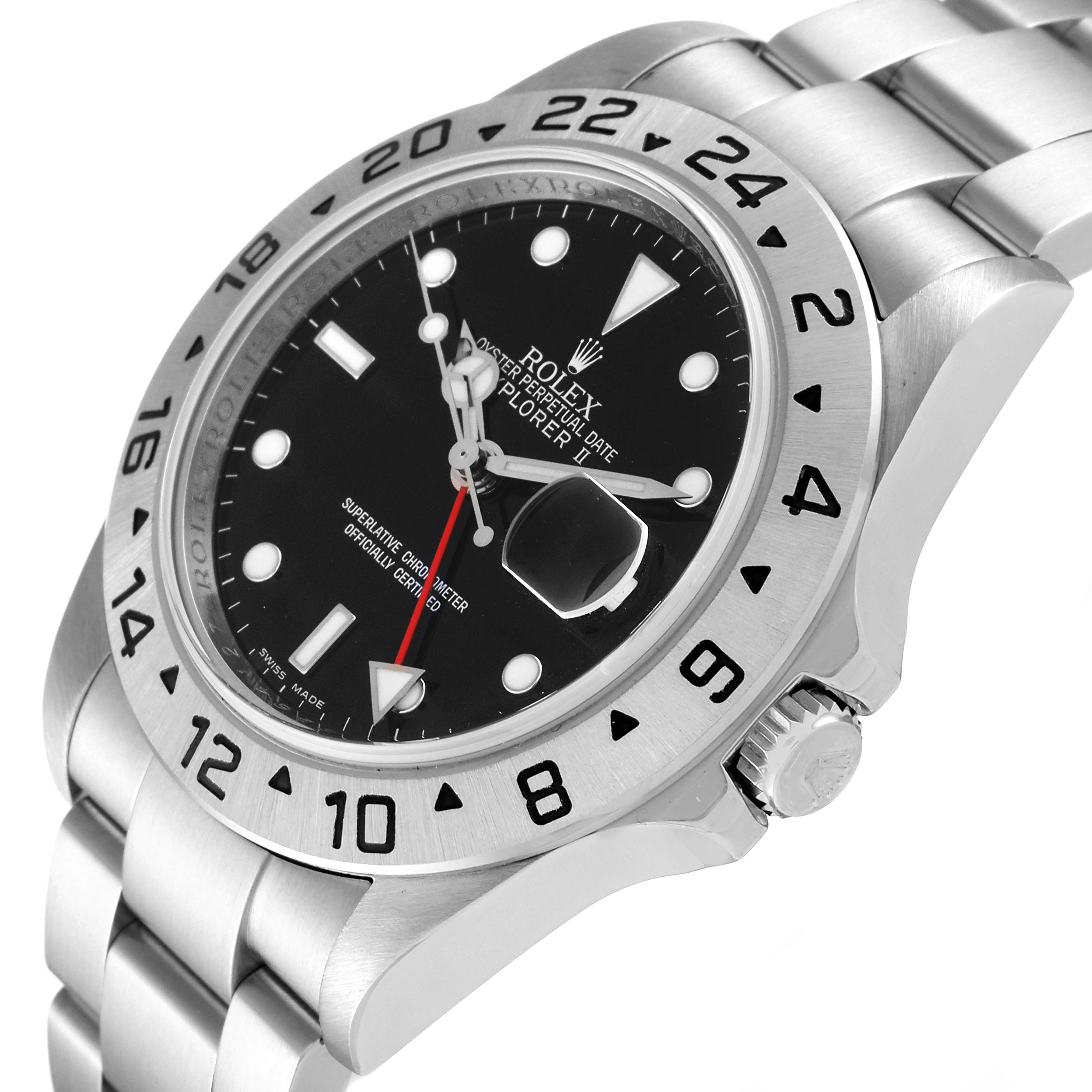 The Rolex Explorer 16570 Men's Stainless Steel Black Dial 16570 Men's Stainless Steel Black Dial watch is shown at an angle to highlight the dial, bezel, crown, and part of the bracelet.