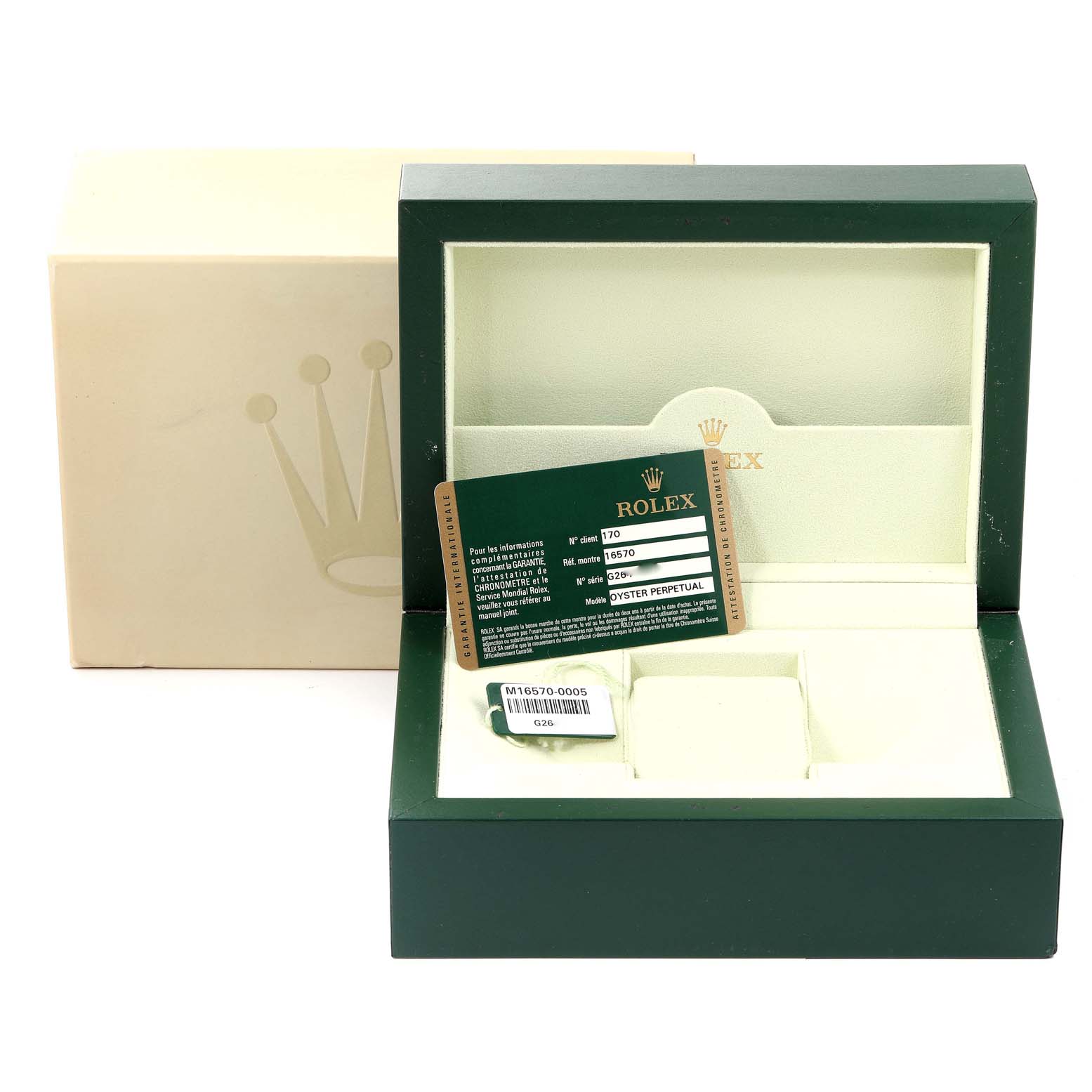 The image shows an open Rolex Explorer 16570 Men's Stainless Steel Black Dial 16570 Men's Stainless Steel Black Dial model watch box, warranty card, and outer packaging from the front.