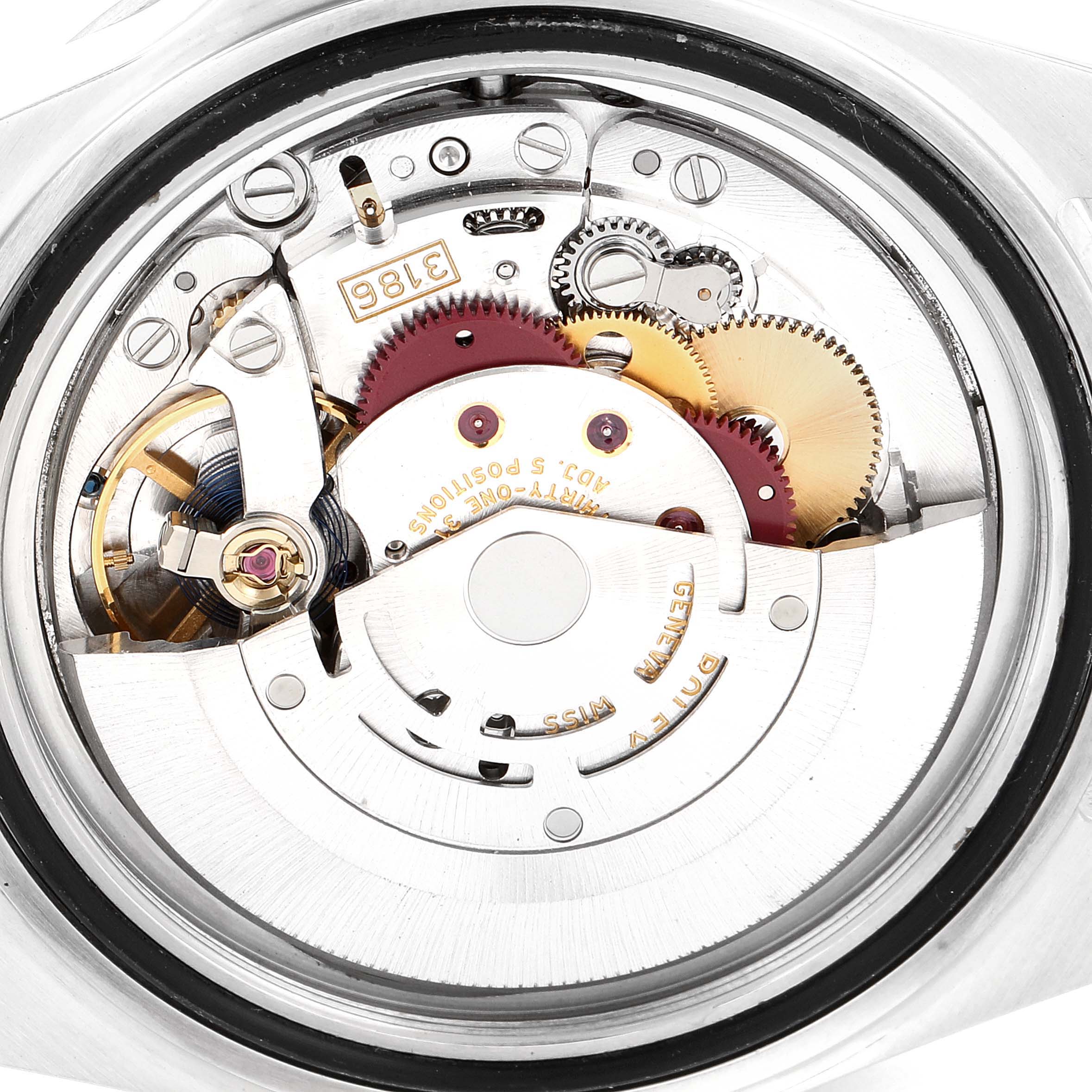 The image shows an inner movement mechanism of the Rolex Explorer 16570 Men's Stainless Steel Black Dial 16570 Men's Stainless Steel Black Dial watch, showcasing gears and components from a top-down angle.