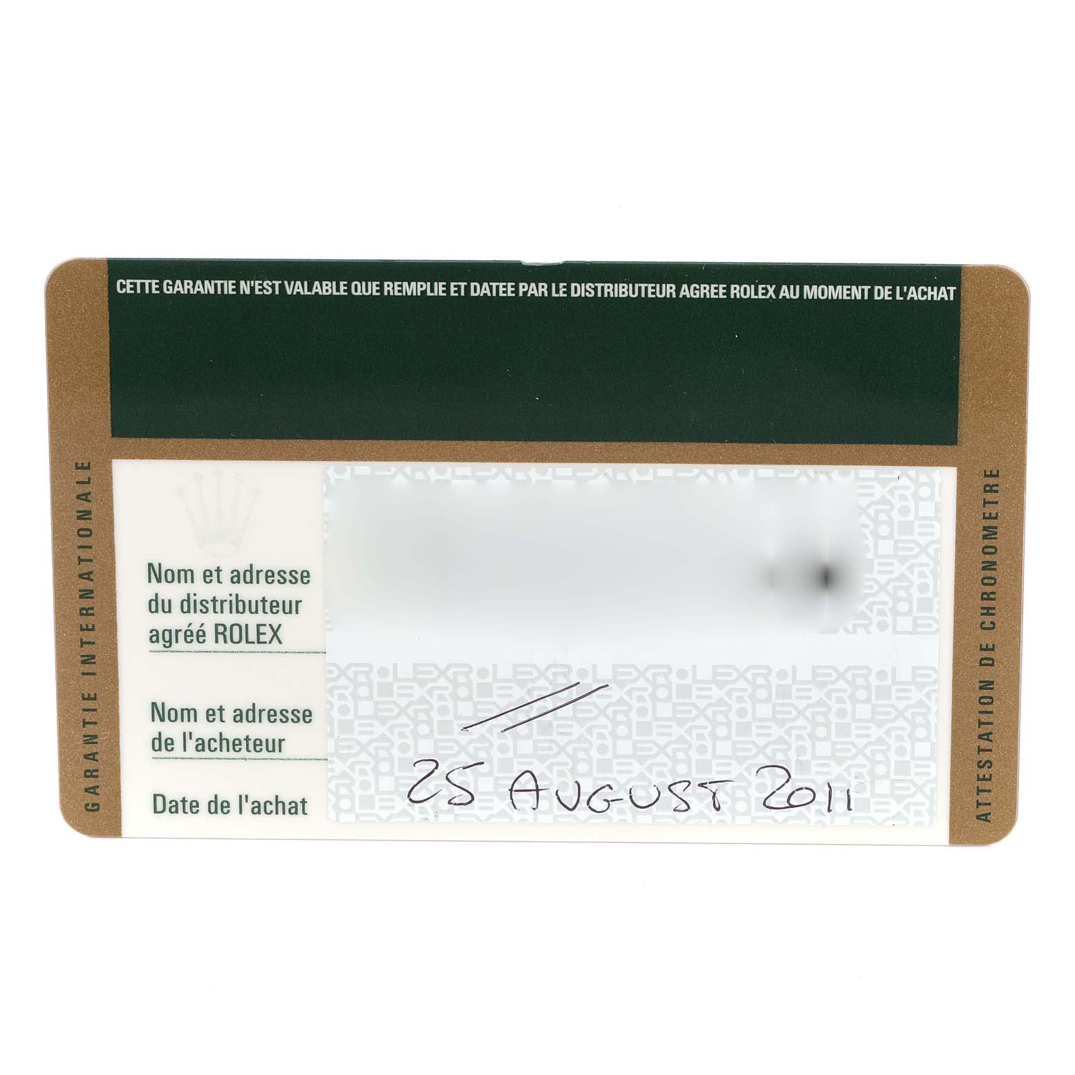 The image shows a warranty card for a Rolex Explorer 16570 Men's Stainless Steel Black Dial 16570 Men's Stainless Steel Black Dial watch with the purchase date written.