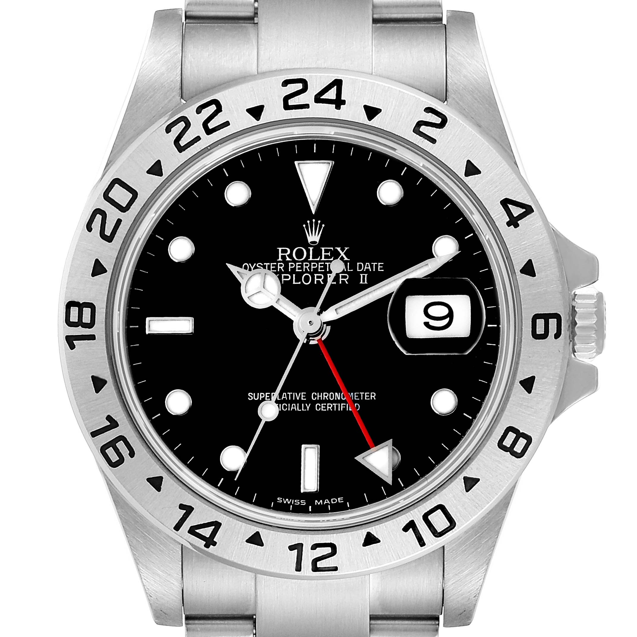 The image shows a front view of the Rolex Explorer 16570 Men's Stainless Steel Black Dial 16570 Men's Stainless Steel Black Dial watch, highlighting the dial, bezel, date window, and part of the bracelet.