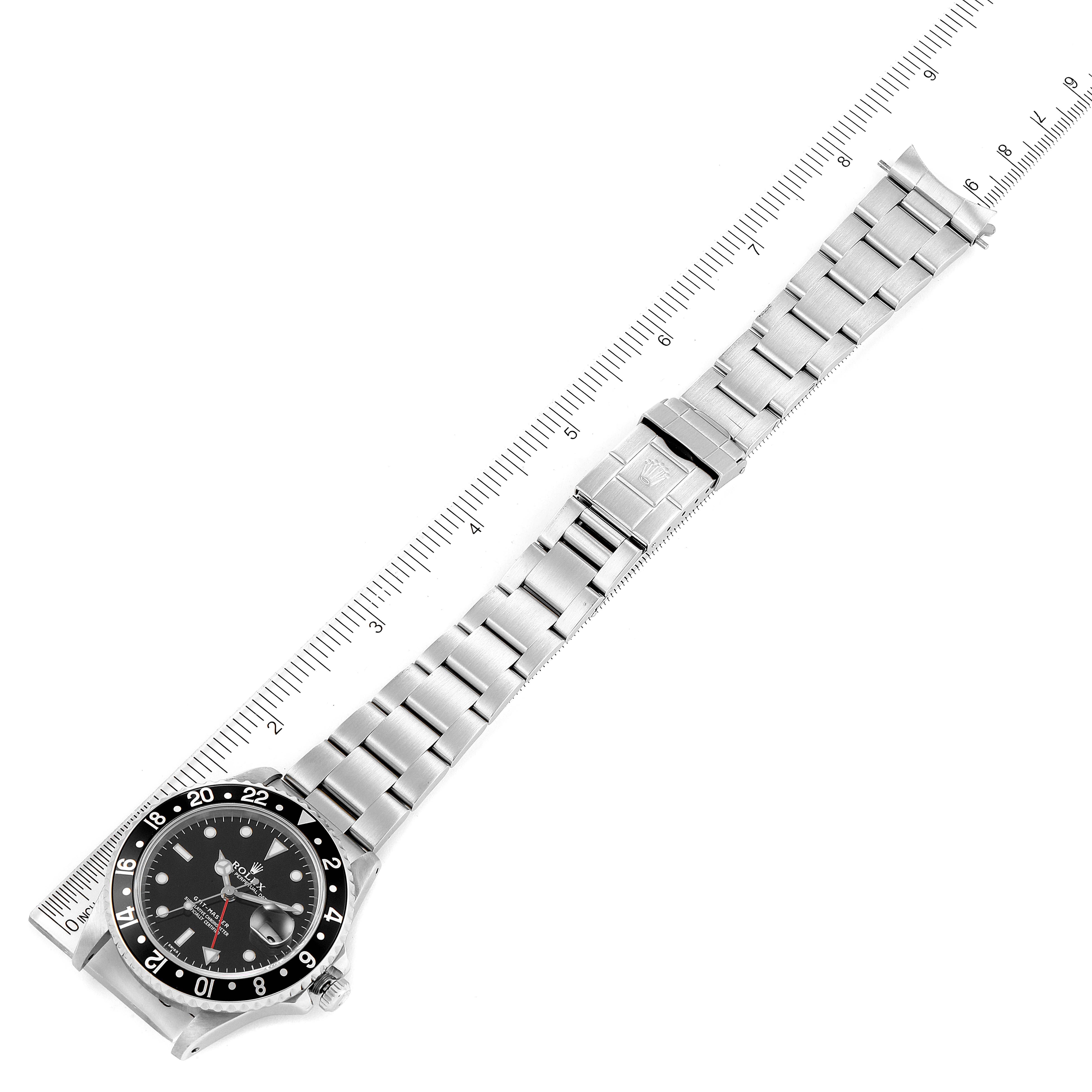 The Rolex GMT-Master 16700 Men's Stainless Steel Black Dial 16700 Men's Stainless Steel Black Dial watch is shown from a top-down angle, displaying the full face, bezel, and stainless steel bracelet.