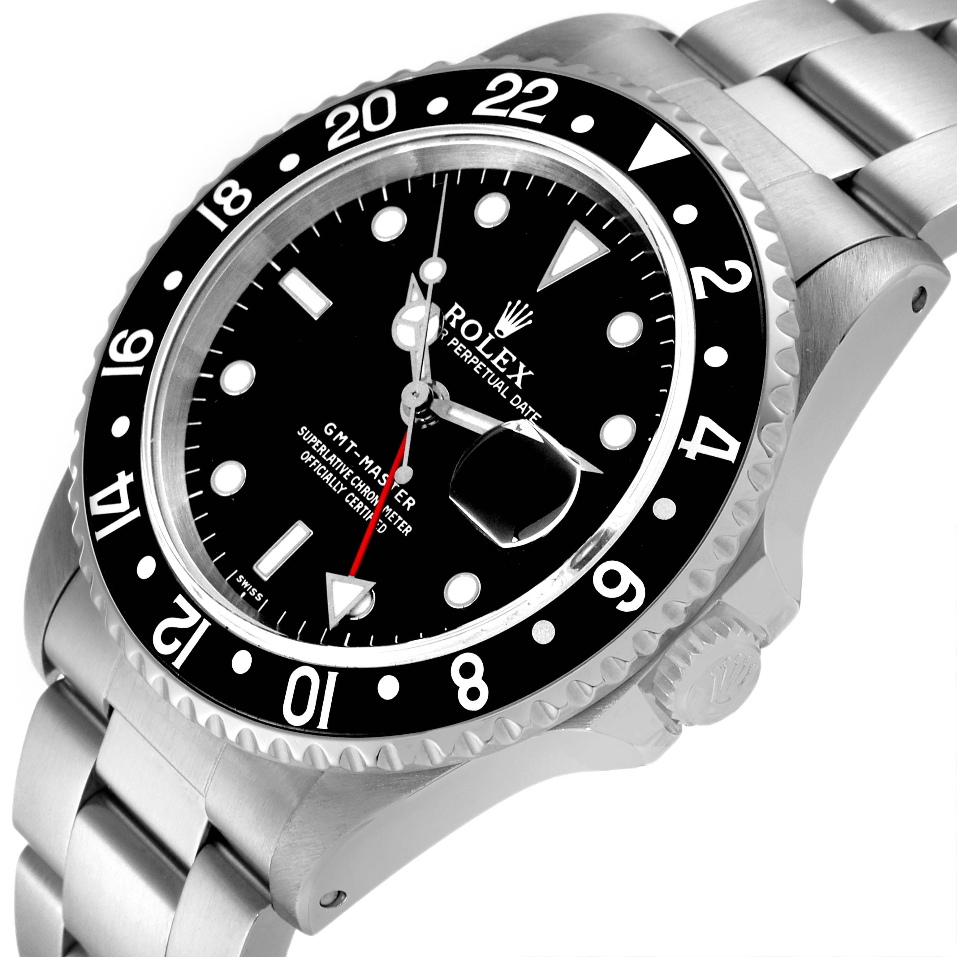 The image shows a side and top view of a Rolex GMT-Master 16700 Men's Stainless Steel Black Dial 16700 Men's Stainless Steel Black Dial watch, highlighting the bezel, dial, and bracelet.