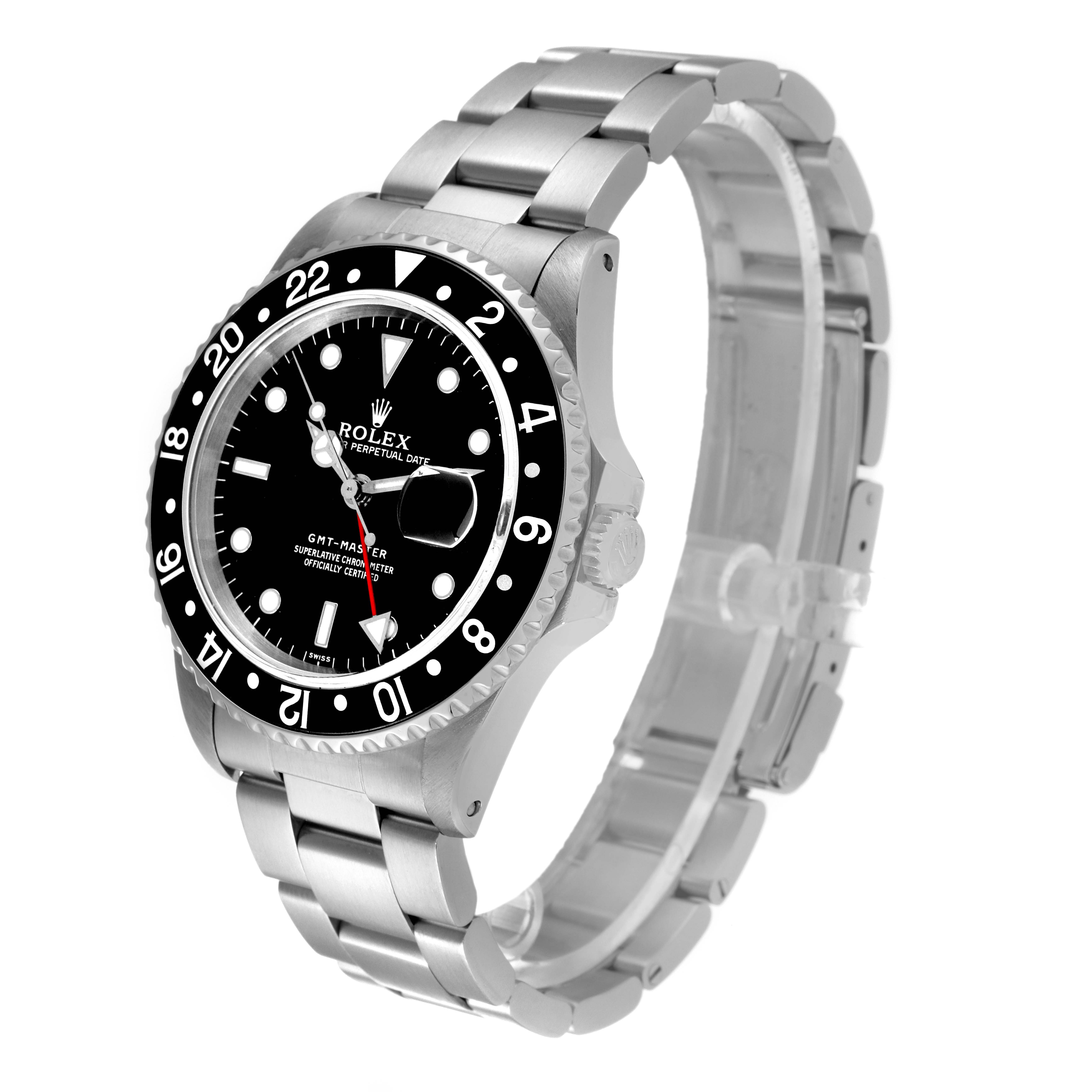 The Rolex GMT-Master 16700 Men's Stainless Steel Black Dial 16700 Men's Stainless Steel Black Dial watch is shown at a slight angle, highlighting the face, bracelet, and bezel with 24-hour markers.