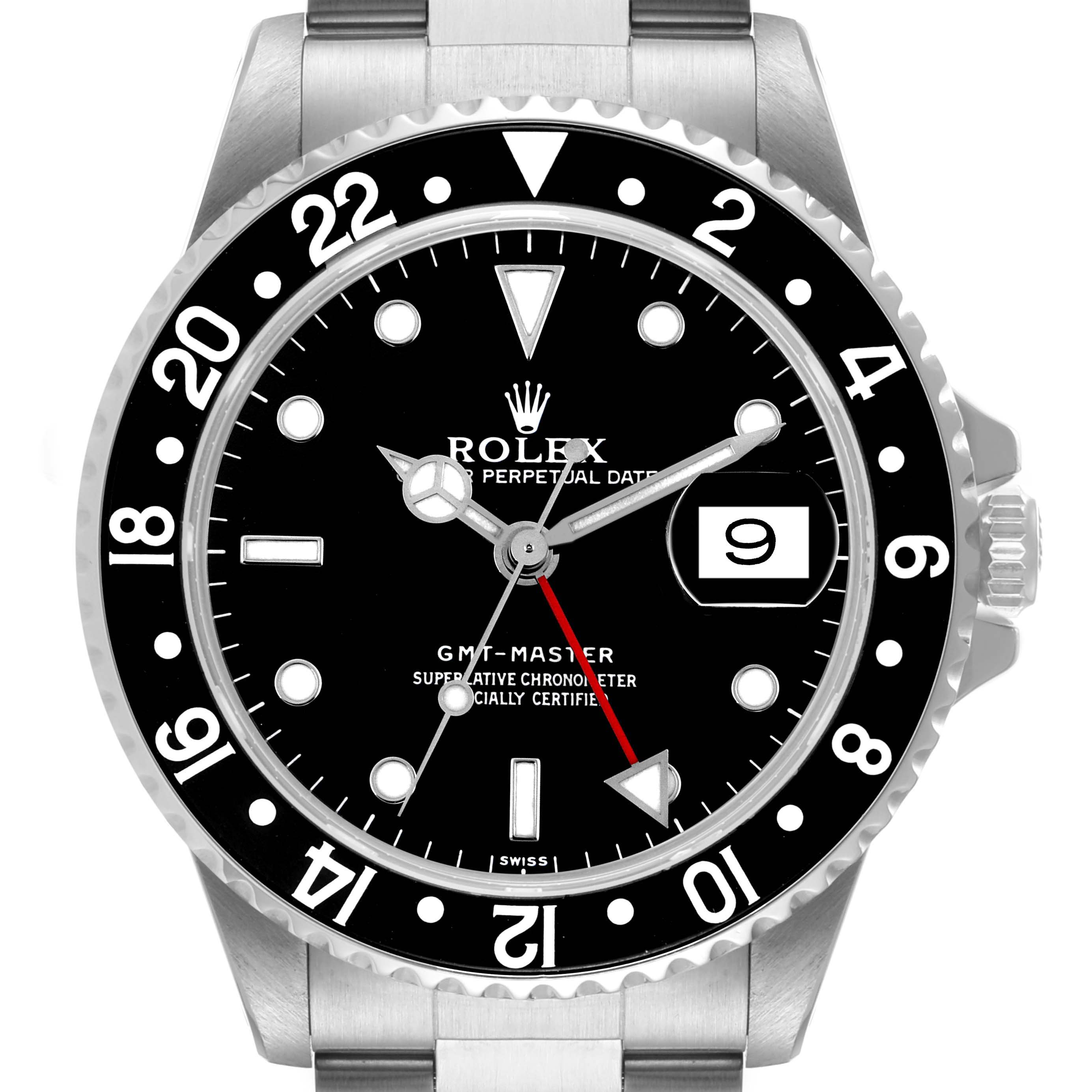 The Rolex GMT-Master 16700 Men's Stainless Steel Black Dial 16700 Men's Stainless Steel Black Dial watch is shown from a front angle, highlighting its dial, bezel, hands, and date window.