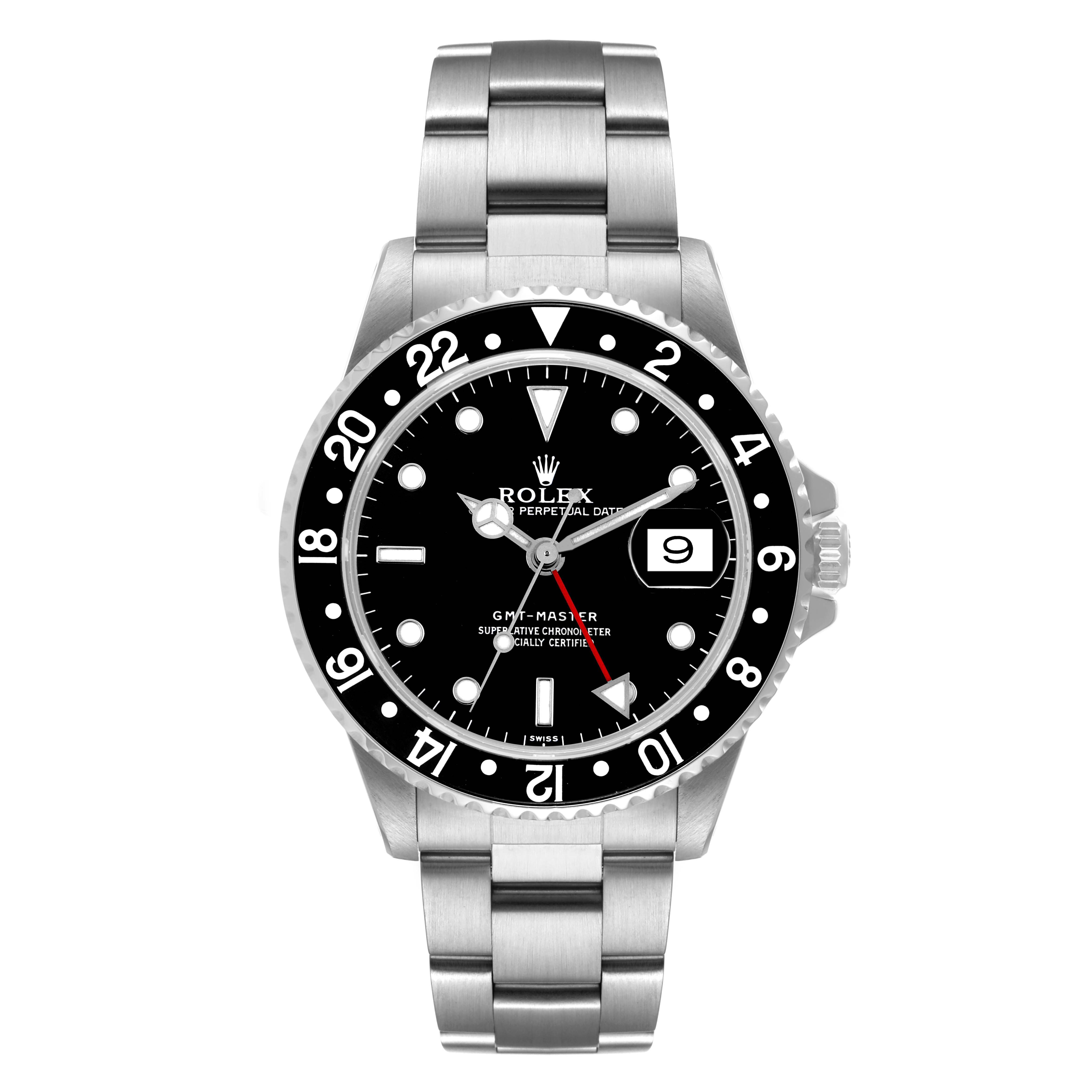 The Rolex GMT-Master 16700 Men's Stainless Steel Black Dial 16700 Men's Stainless Steel Black Dial watch is shown from a front angle, displaying the dial, bezel, and bracelet.