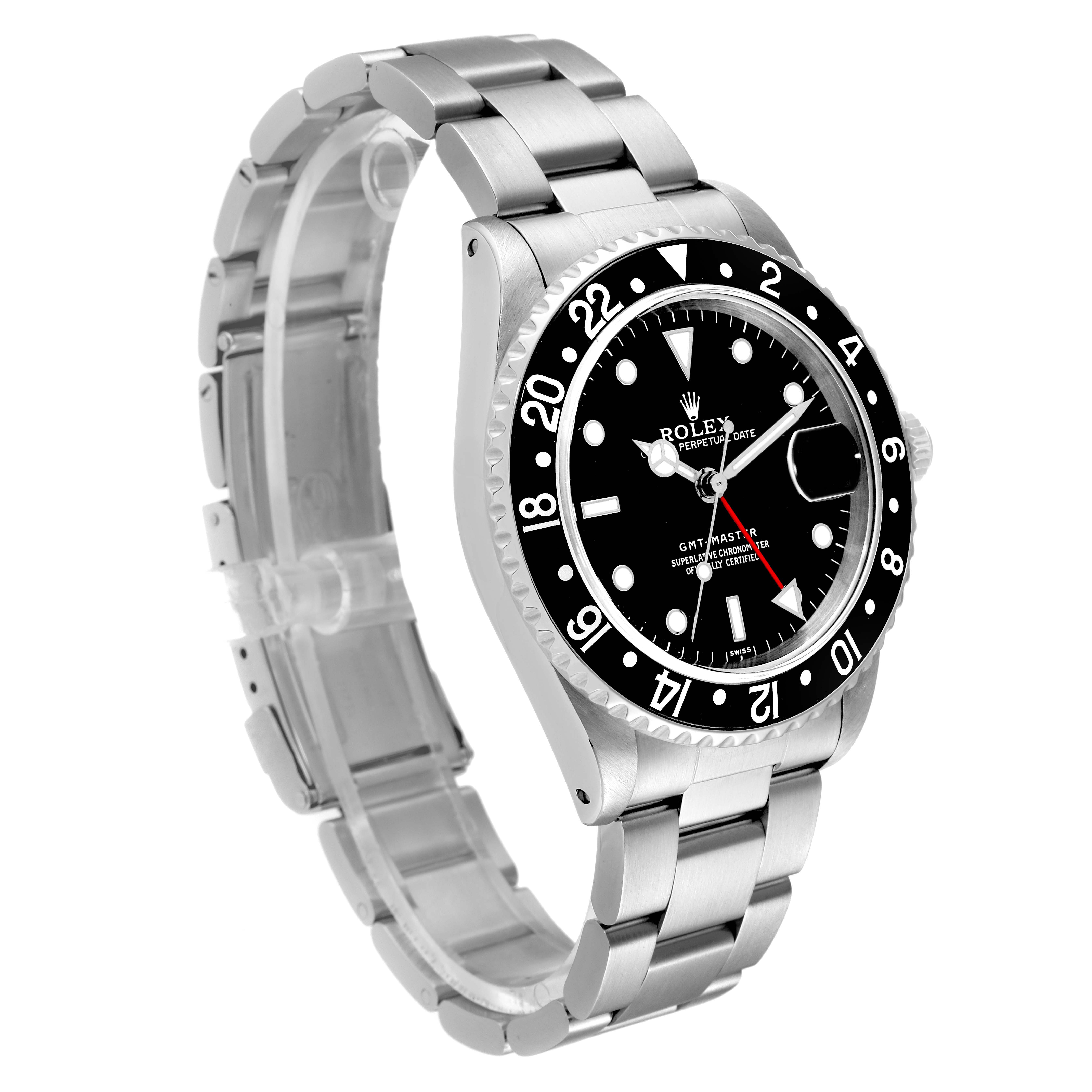 The image shows a Rolex GMT-Master 16700 Men's Stainless Steel Black Dial 16700 Men's Stainless Steel Black Dial watch at a slightly angled side view, displaying the watch face, bezel, crown, and bracelet.