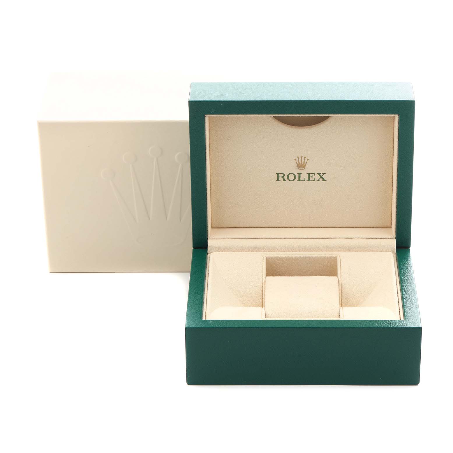 The image shows an open green Rolex GMT-Master 116710BLNR Men
s Stainless Steel Black Dial 116710BLNR Men
s Stainless Steel Black Dial watch box with its beige interior exposed, alongside a closed outer box.