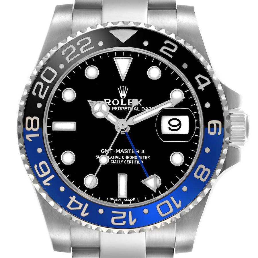 The image shows a front view of the Rolex GMT-Master II, displaying the bezel, dial, and date window.