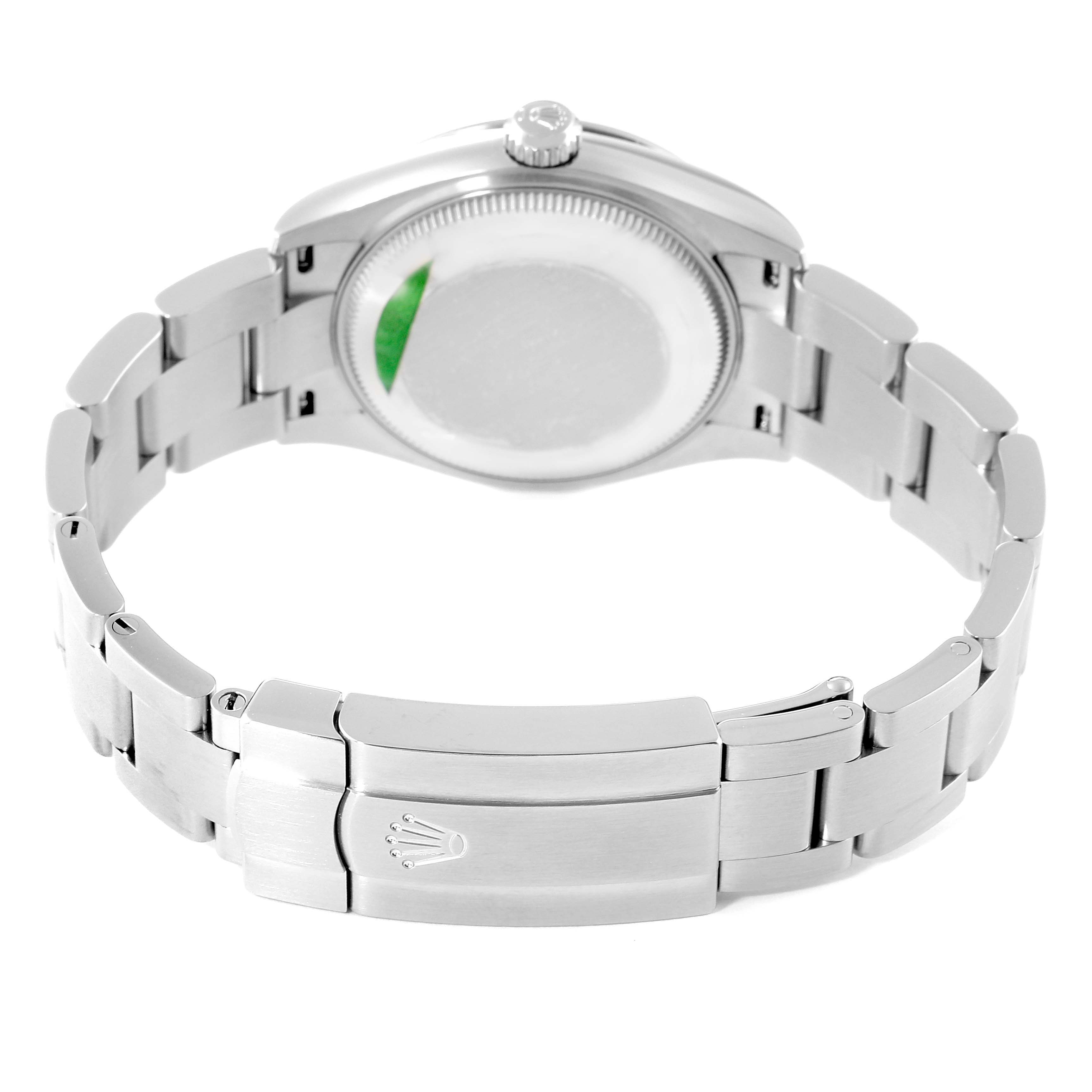 The image shows the back view of a Mid-Size Rolex watch, highlighting the bracelet, clasp, and case back.