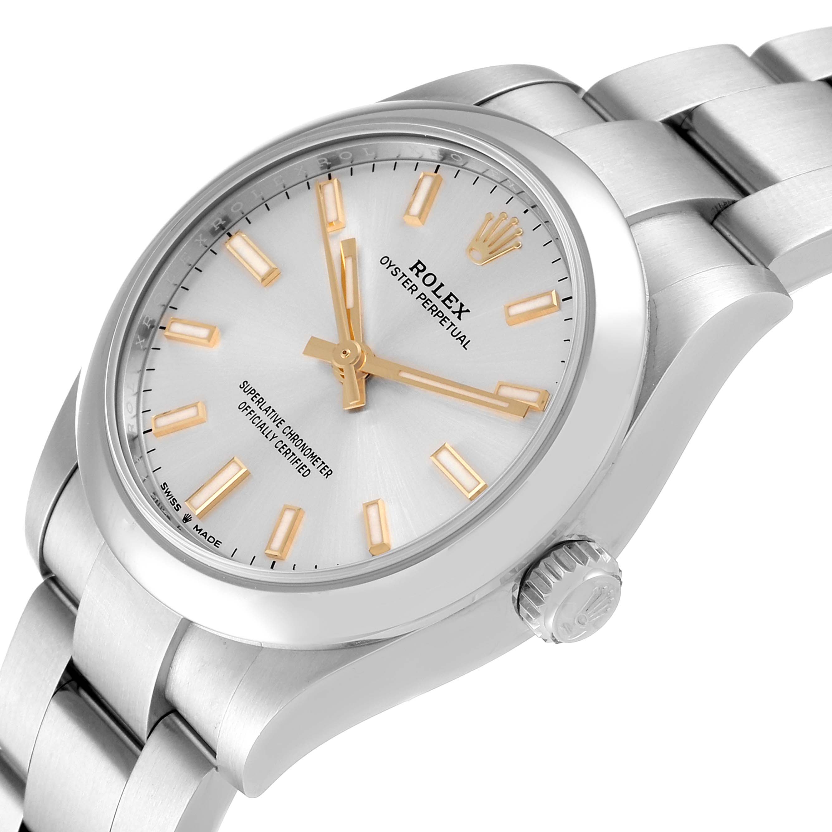 The Rolex Mid-Size 277200 Women
s Stainless Steel Silver Dial 277200 Women
s Stainless Steel Silver Dial Oyster Perpetual watch is shown at a slight angle, highlighting the face, crown, and part of the bracelet.