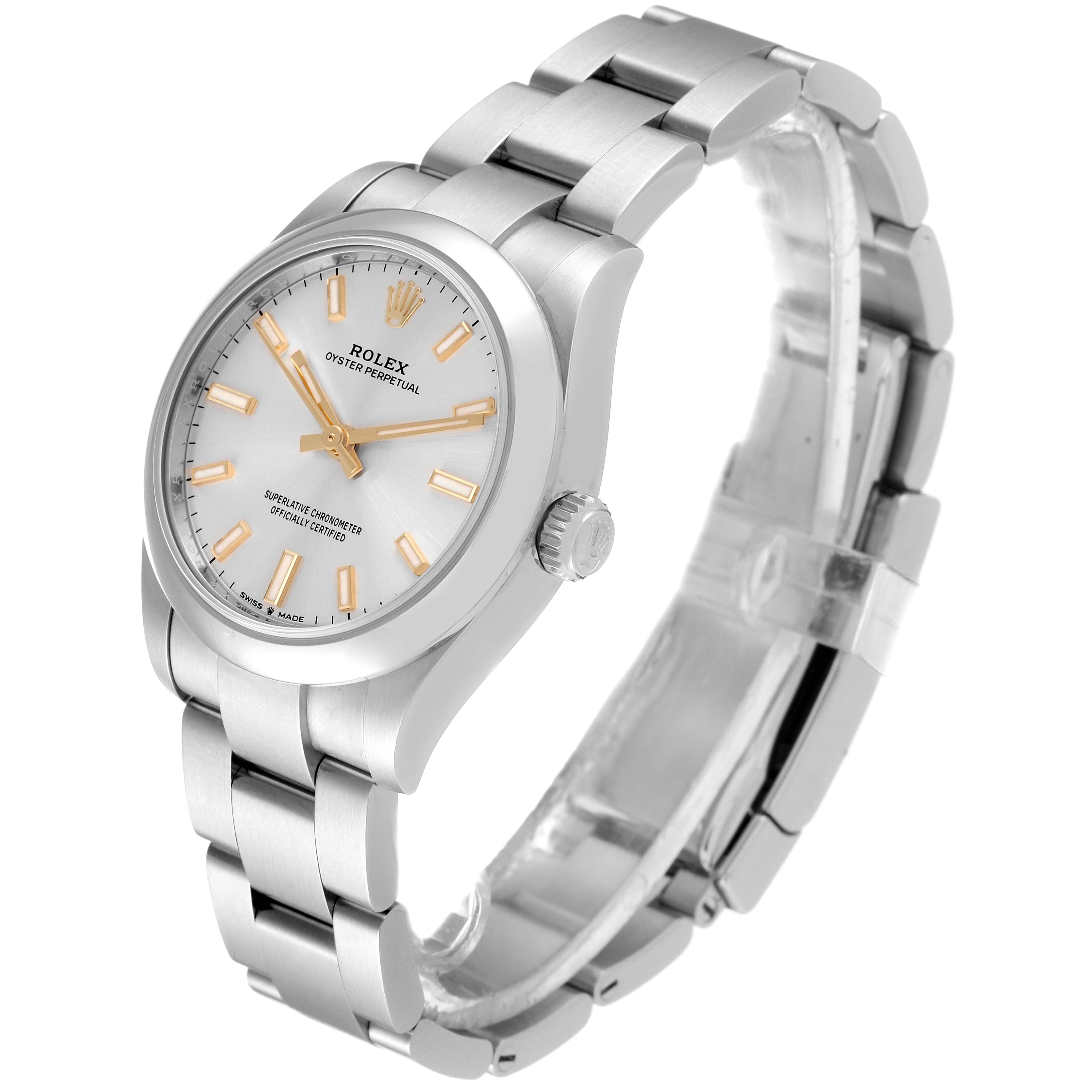 The Rolex Mid-Size 277200 Women
s Stainless Steel Silver Dial 277200 Women
s Stainless Steel Silver Dial model is shown from an angle highlighting its face, crown, and bracelet.