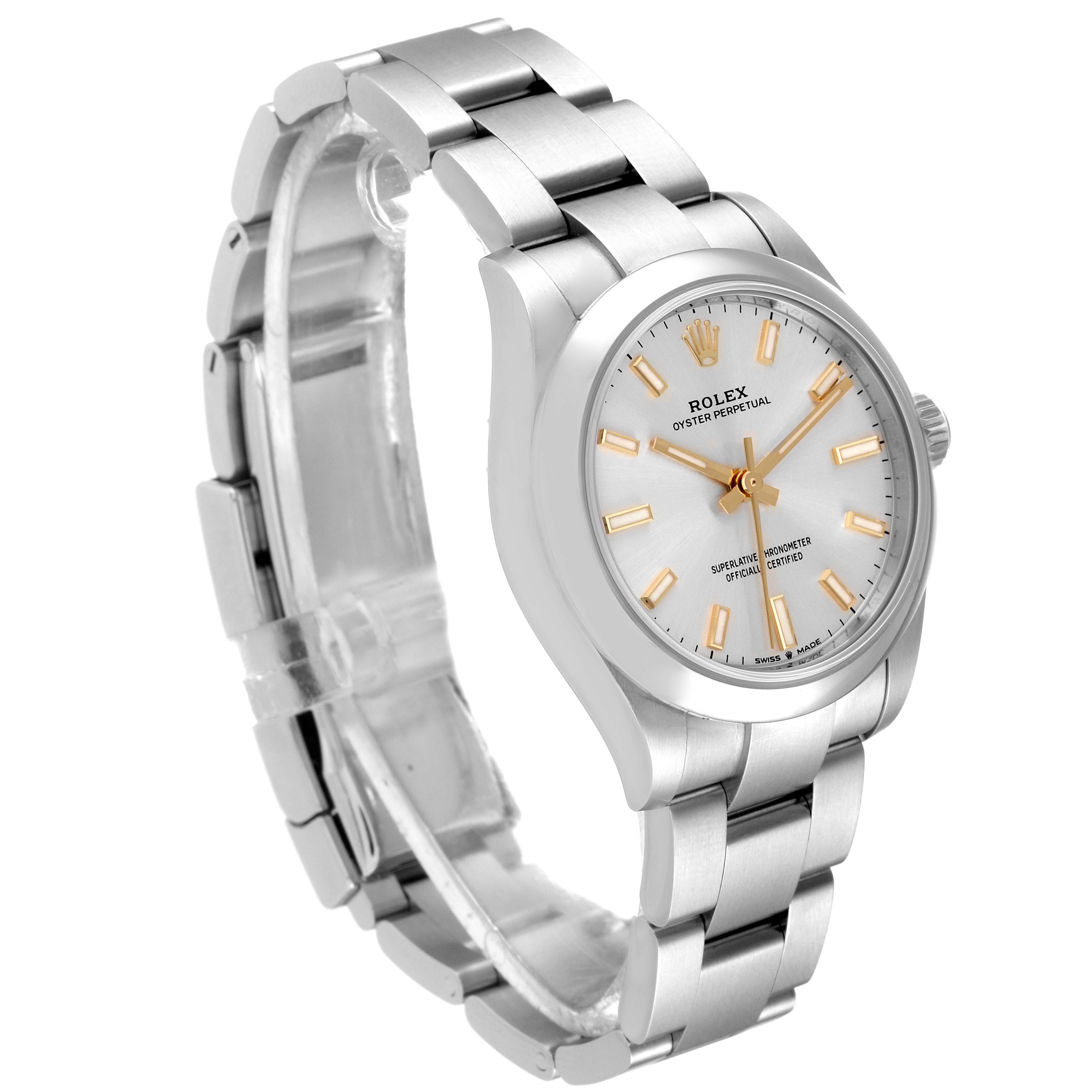 The Rolex Mid-Size 277200 Women
s Stainless Steel Silver Dial 277200 Women
s Stainless Steel Silver Dial model watch is shown at an angled view, displaying its silver bracelet, case, and face with golden hour markers and hands.