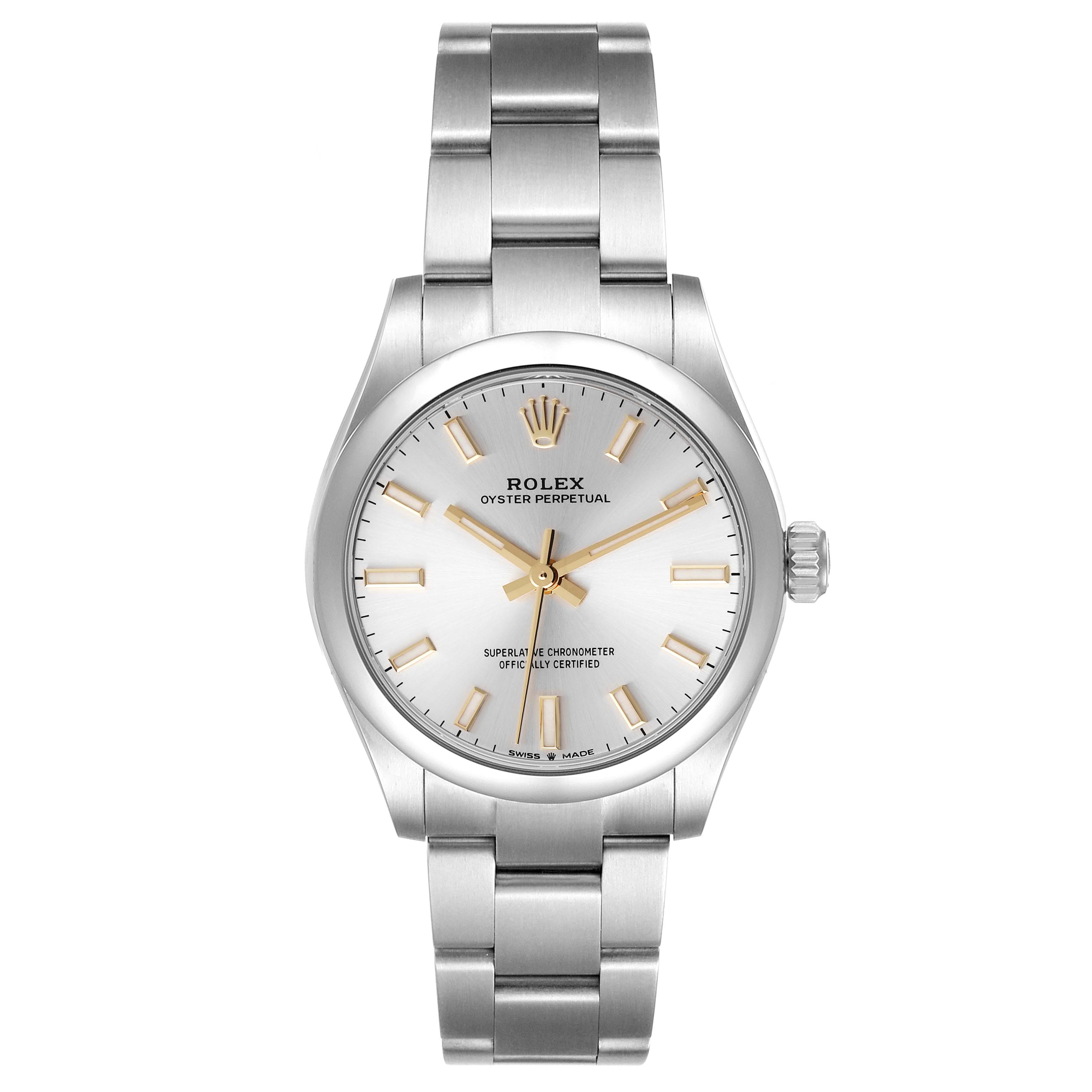 The image shows a front view of a Mid-Size Rolex Oyster Perpetual watch, displaying the face, dial, bezel, and bracelet.