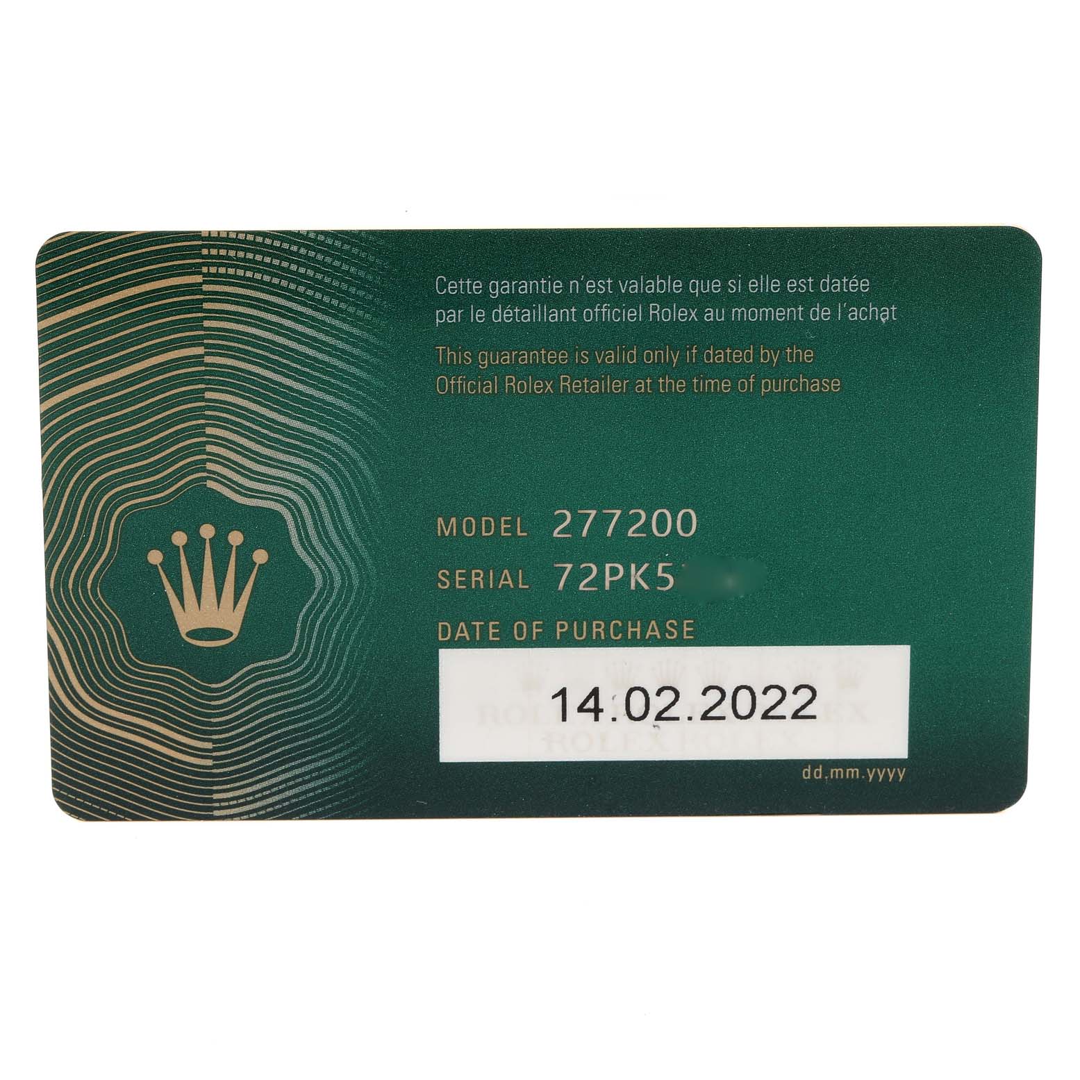 This is a Rolex warranty card for the Mid-Size model 277200, showing the model, serial number, and purchase date.