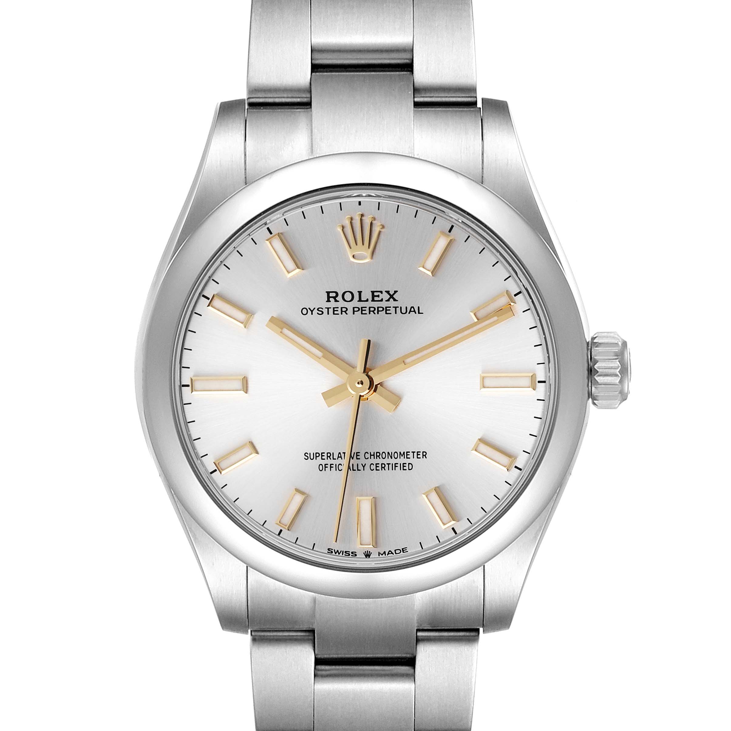 This image shows a front view of a Rolex Mid-Size 277200 Women
s Stainless Steel Silver Dial 277200 Women
s Stainless Steel Silver Dial Oyster Perpetual watch, featuring its dial, hands, case, and bracelet.