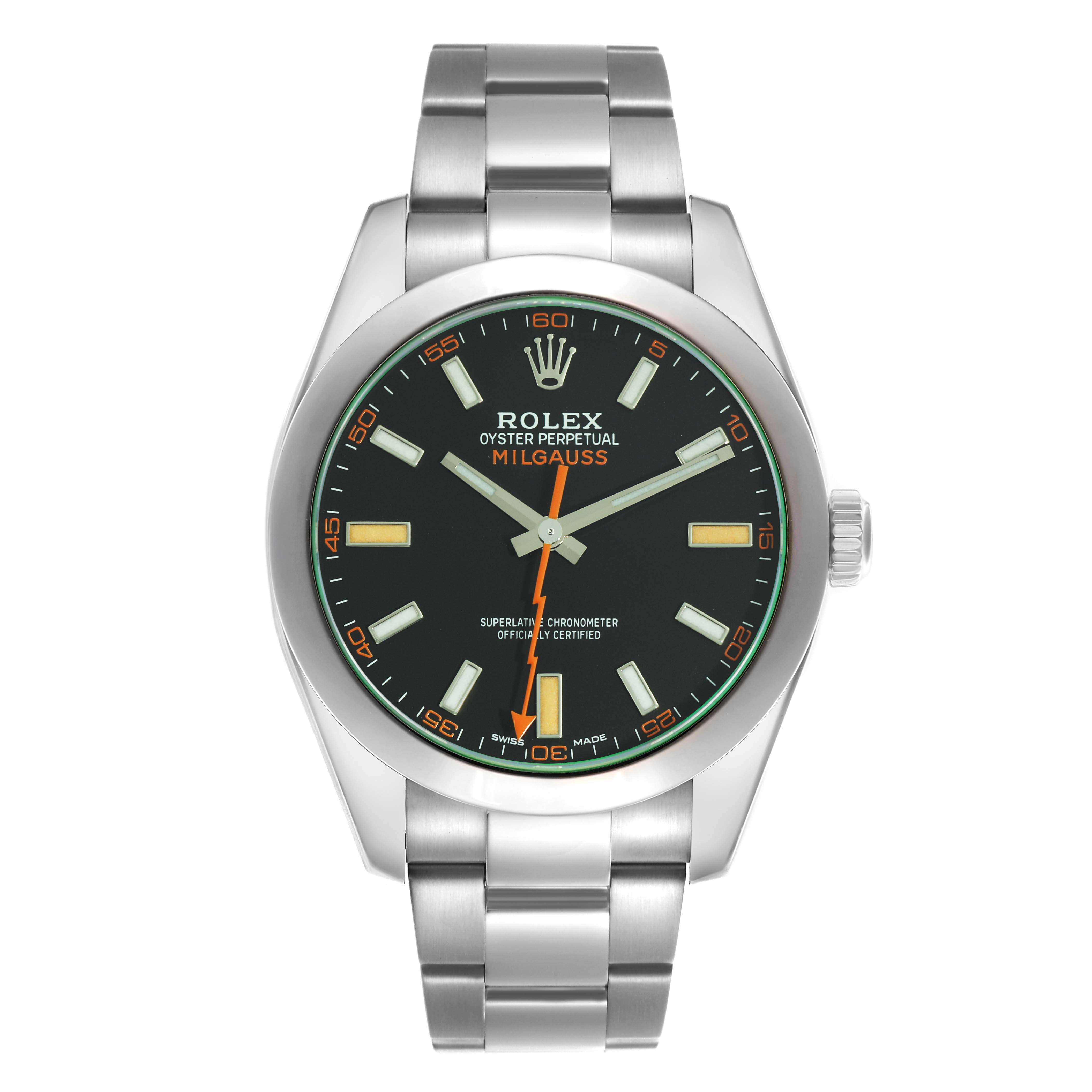 The Rolex Milgauss 116400GV Men
s Stainless Steel Black Dial 116400GV Men
s Stainless Steel Black Dial watch is shown from a front angle, featuring its face, bezel, and stainless steel bracelet.
