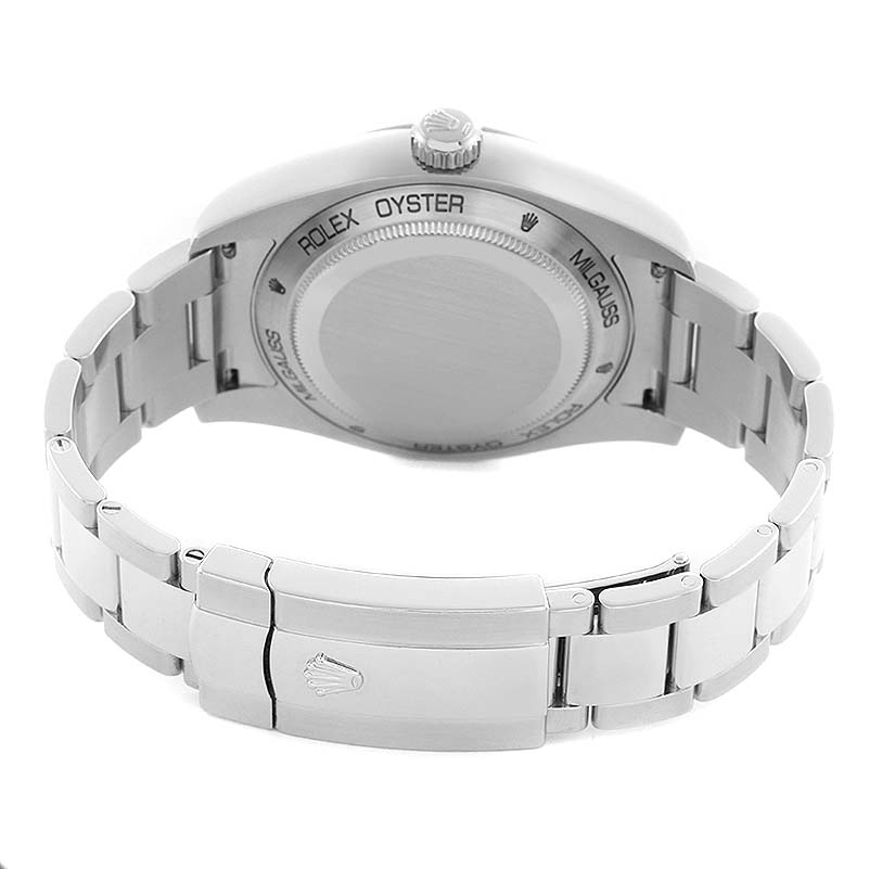 The Rolex Milgauss 116400GV Men
s Stainless Steel Black Dial 116400GV Men
s Stainless Steel Black Dial is shown from the back, highlighting the case back, bracelet, and clasp.