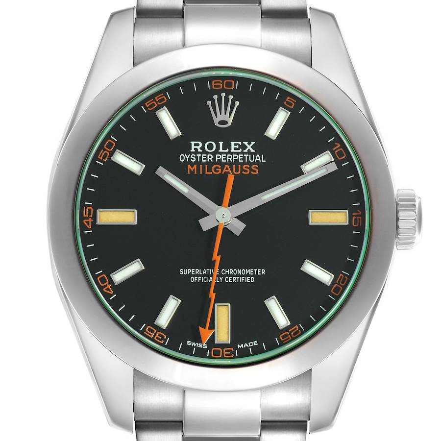 This image shows the front view of a Rolex Milgauss watch, highlighting the dial, hands, markers, and part of the bracelet.