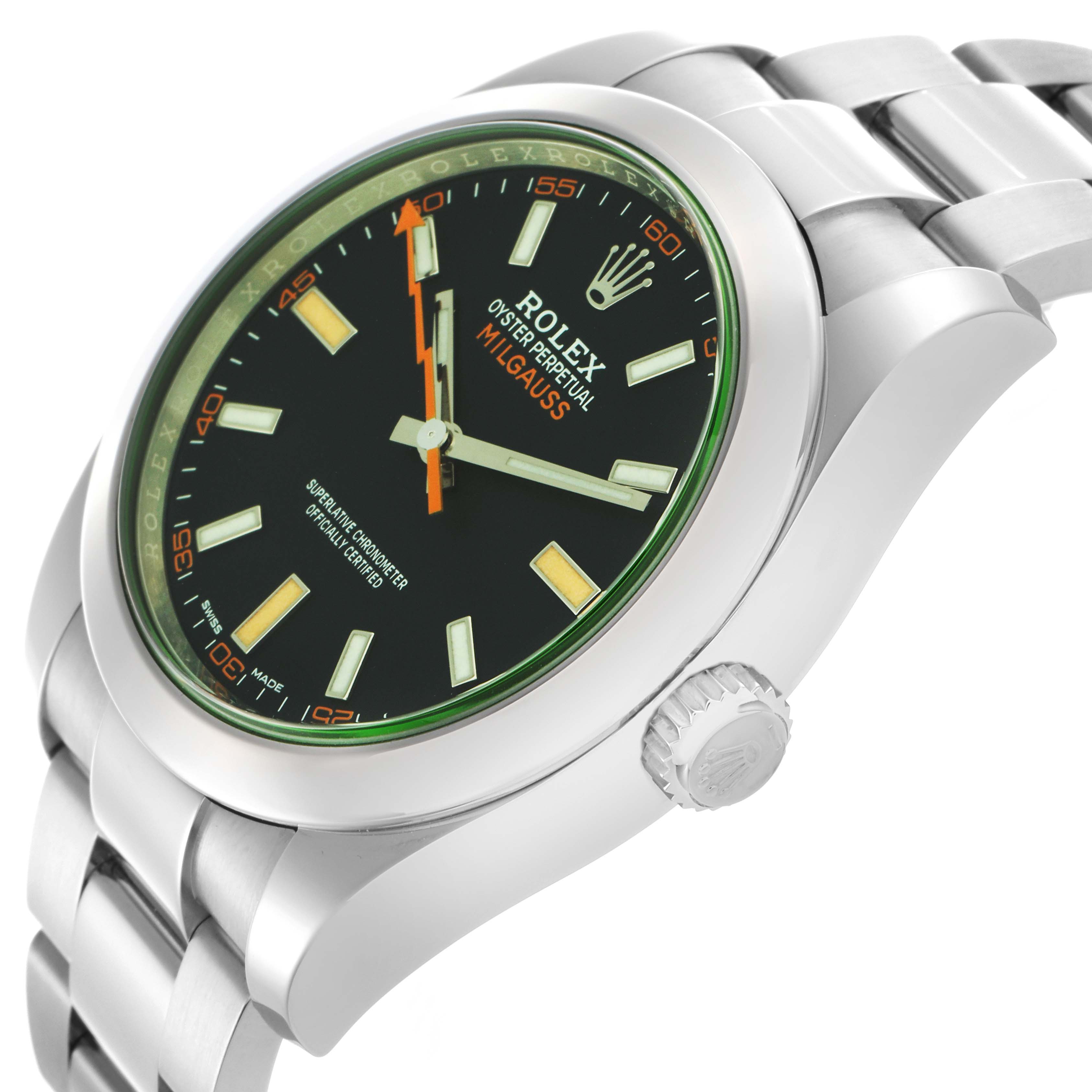 The image shows a Rolex Milgauss 116400GV Men
s Stainless Steel Black Dial 116400GV Men
s Stainless Steel Black Dial watch at an angled side view, highlighting the face, bezel, and part of the bracelet.