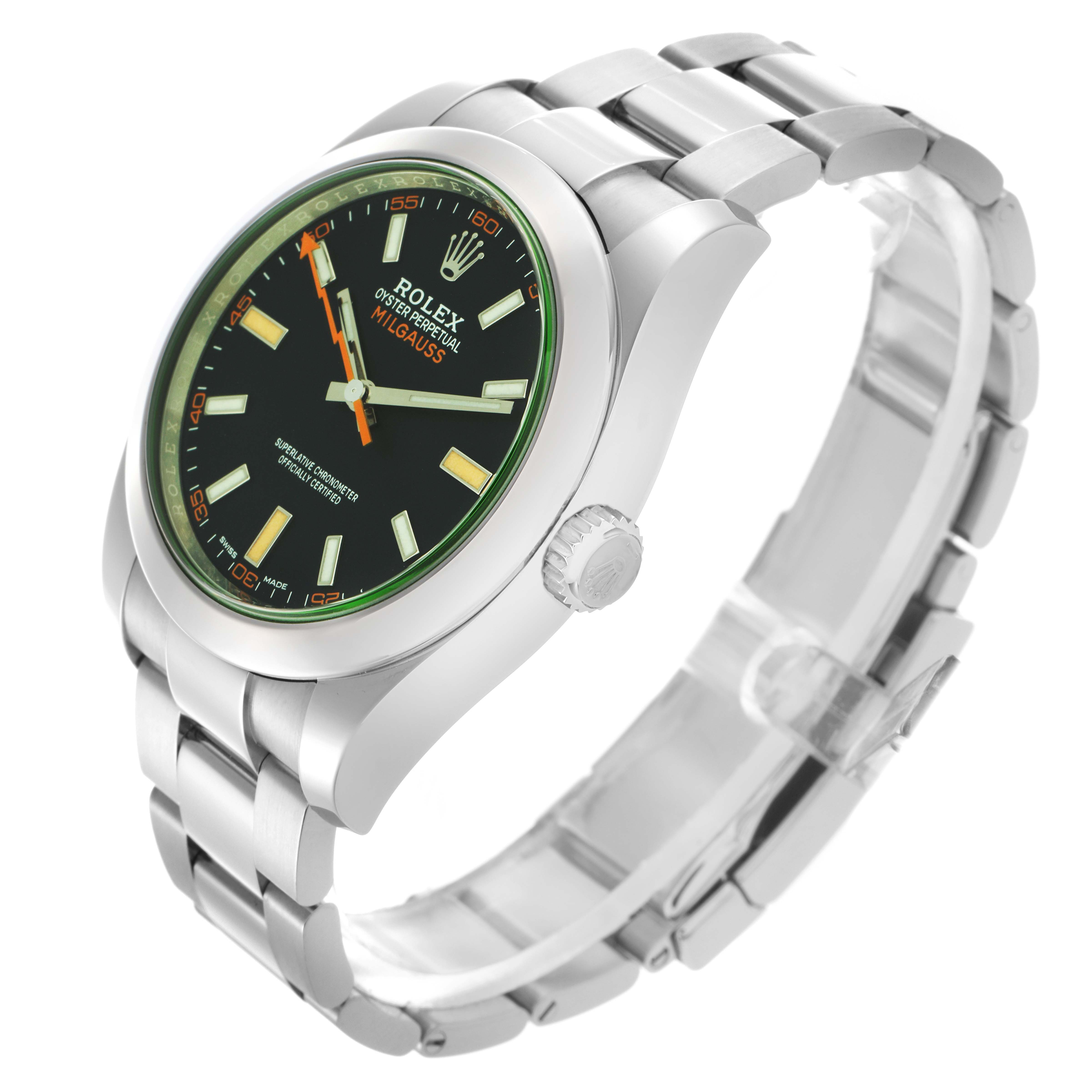 The Rolex Milgauss 116400GV Men
s Stainless Steel Black Dial 116400GV Men
s Stainless Steel Black Dial watch is shown at a three-quarter angle, displaying the face, bezel, and bracelet.