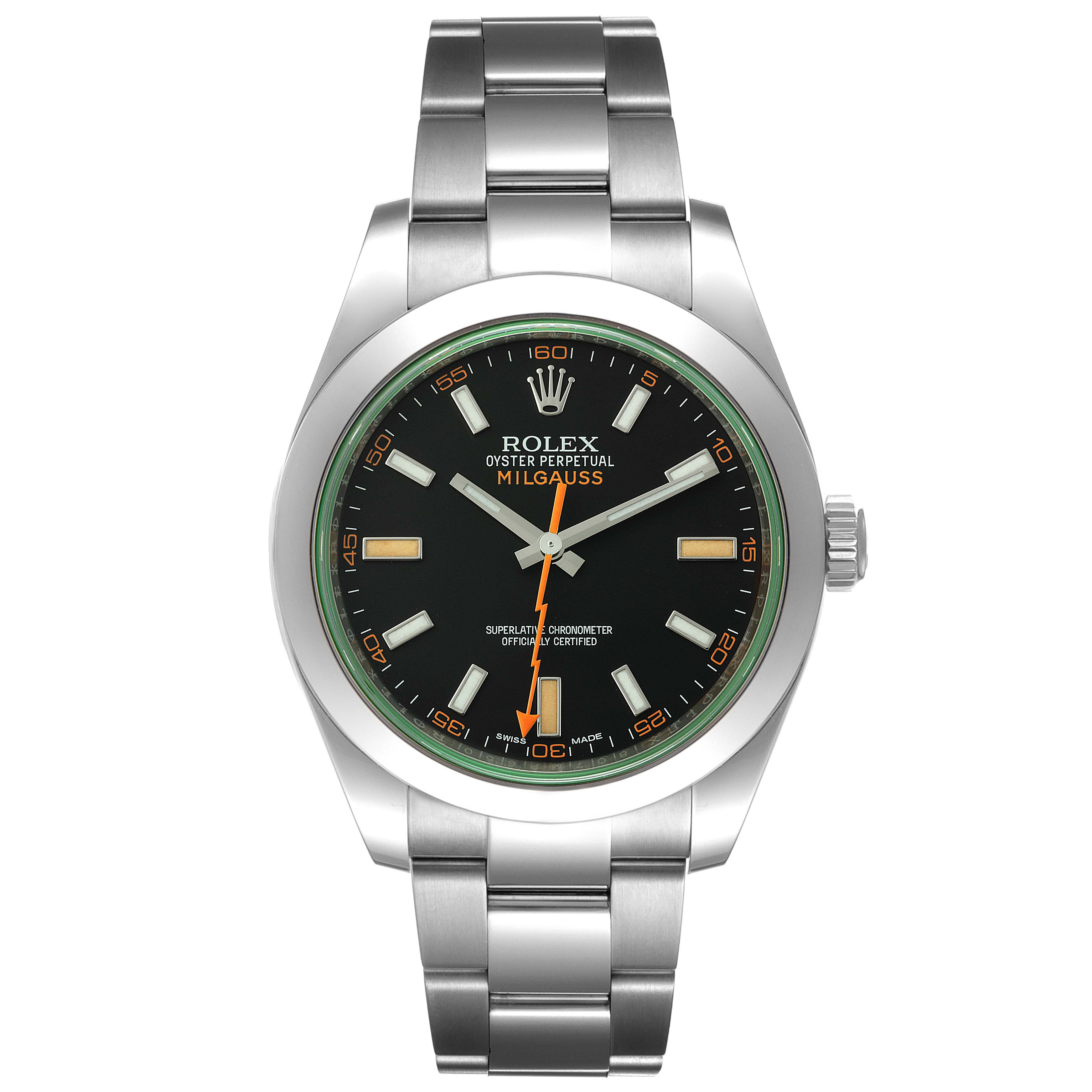 This image shows a front view of the Rolex Milgauss 116400GV Men's Stainless Steel Black Dial 116400GV Men's Stainless Steel Black Dial watch, highlighting its dial, case, and bracelet.
