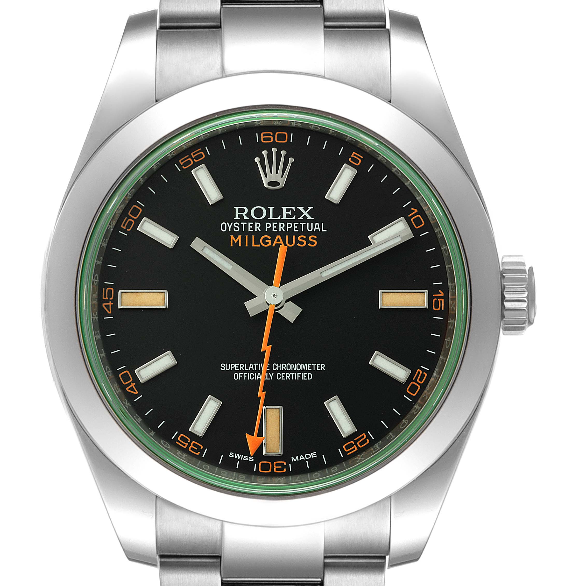 The image shows a front view of a Rolex Milgauss 116400GV Men's Stainless Steel Black Dial 116400GV Men's Stainless Steel Black Dial, displaying the watch face, crown, and part of the bracelet.