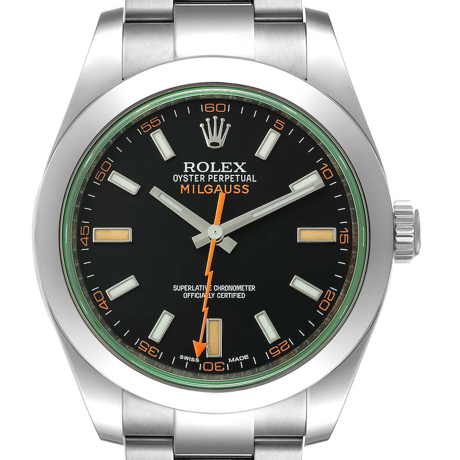 Rolex Milgauss Black Dial Green Crystal Steel Mens Watch 116400GV Box Card SwissWatchExpo