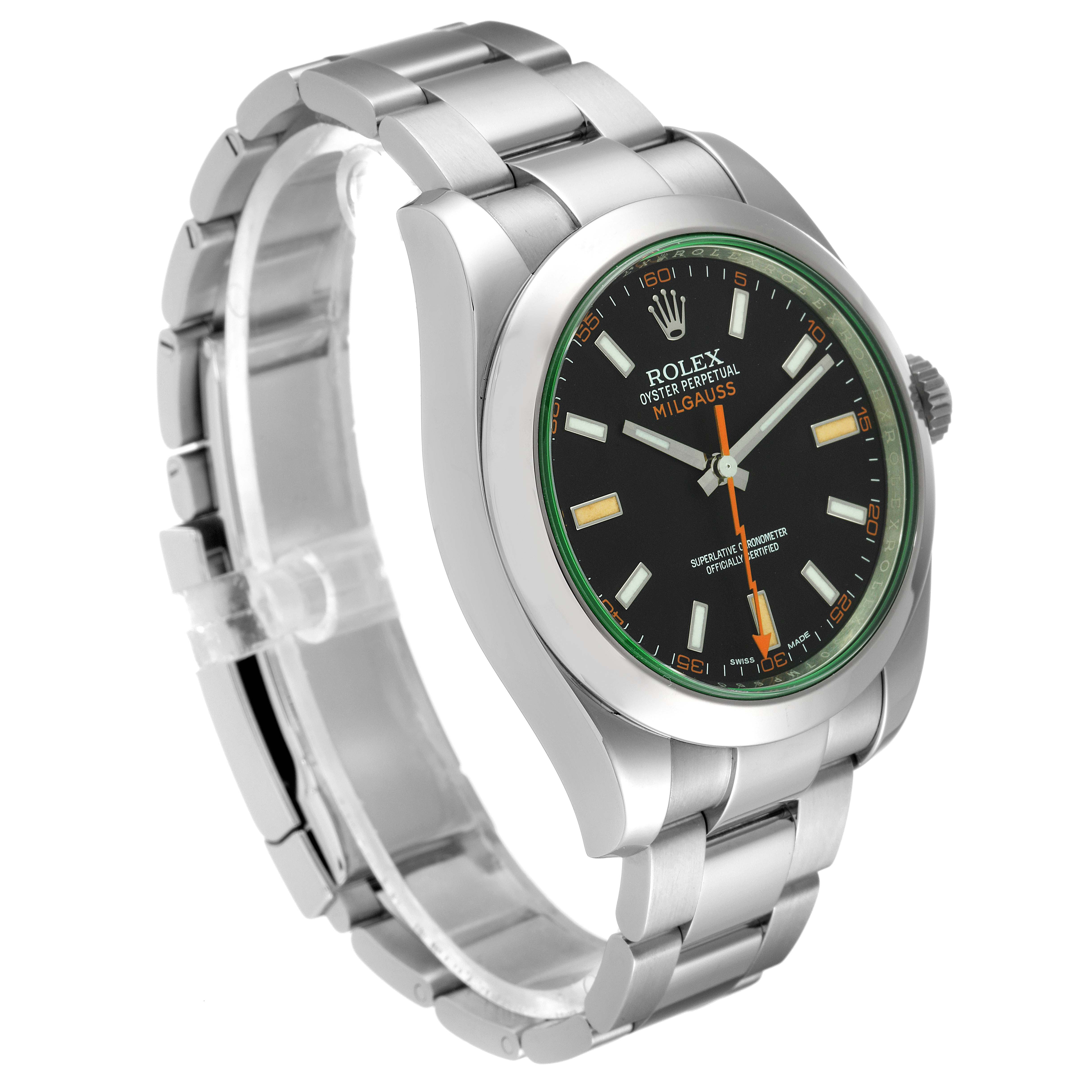 The image shows a side angle of the Rolex Milgauss 116400GV Men's Stainless Steel Black Dial 116400GV Men's Stainless Steel Black Dial watch, highlighting its black dial, metal bezel, and bracelet, with visible crown.