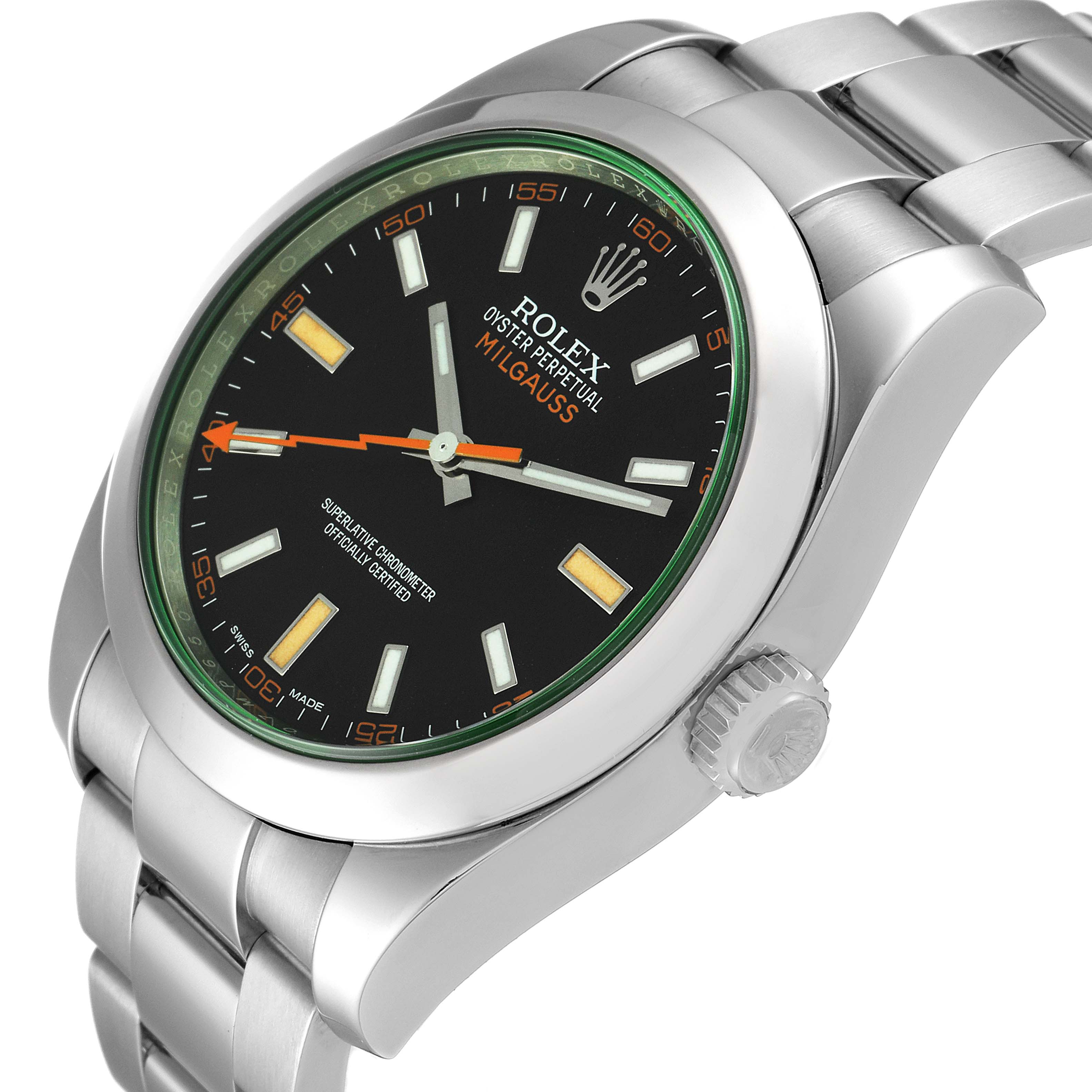 The image shows a side and partial top view of the Rolex Milgauss 116400GV Men's Stainless Steel Black Dial 116400GV Men's Stainless Steel Black Dial watch, highlighting its dial, bezel, and bracelet.