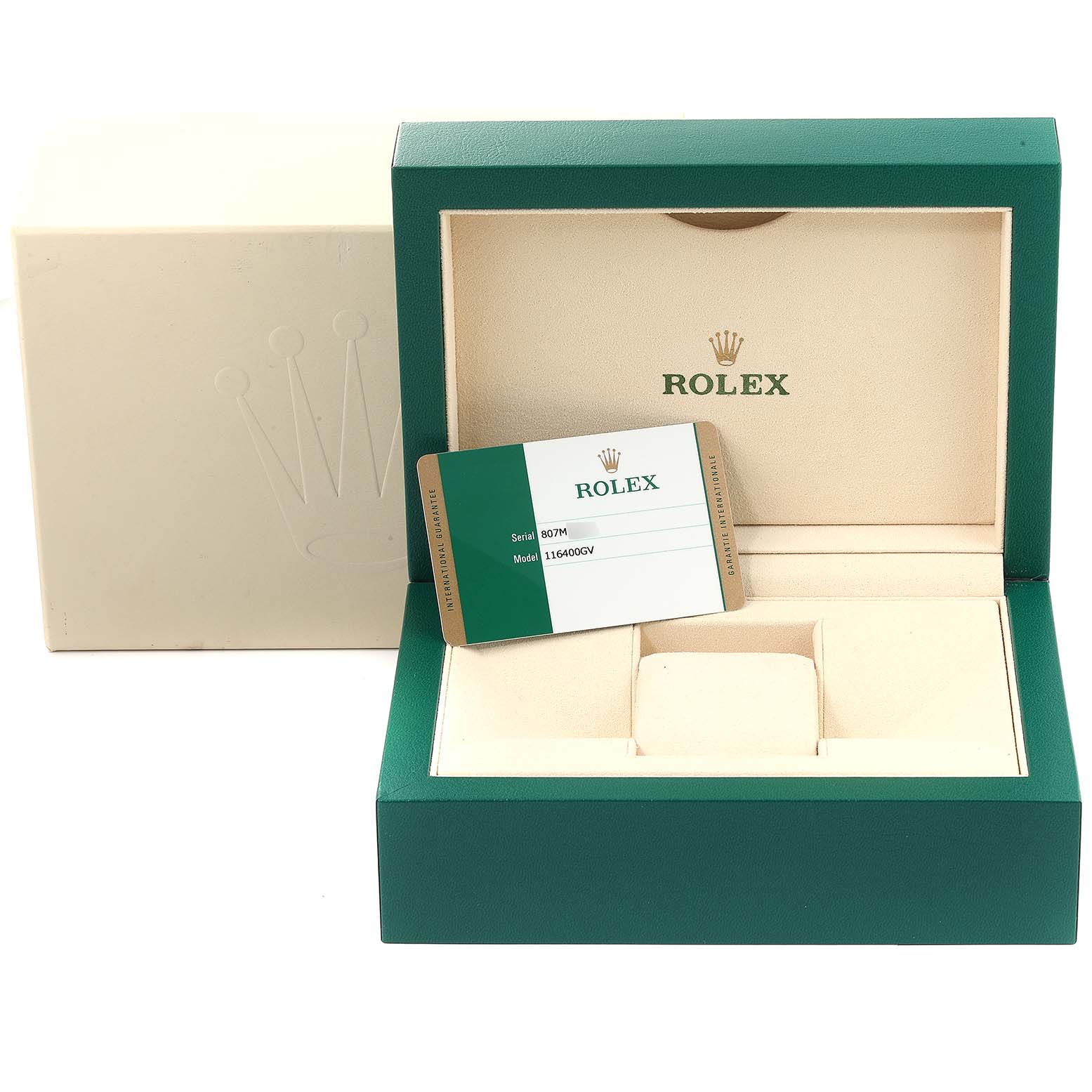 The image shows the open box and authentication card for a Rolex Milgauss 116400GV Men's Stainless Steel Black Dial 116400GV Men's Stainless Steel Black Dial watch, model 116400GV.