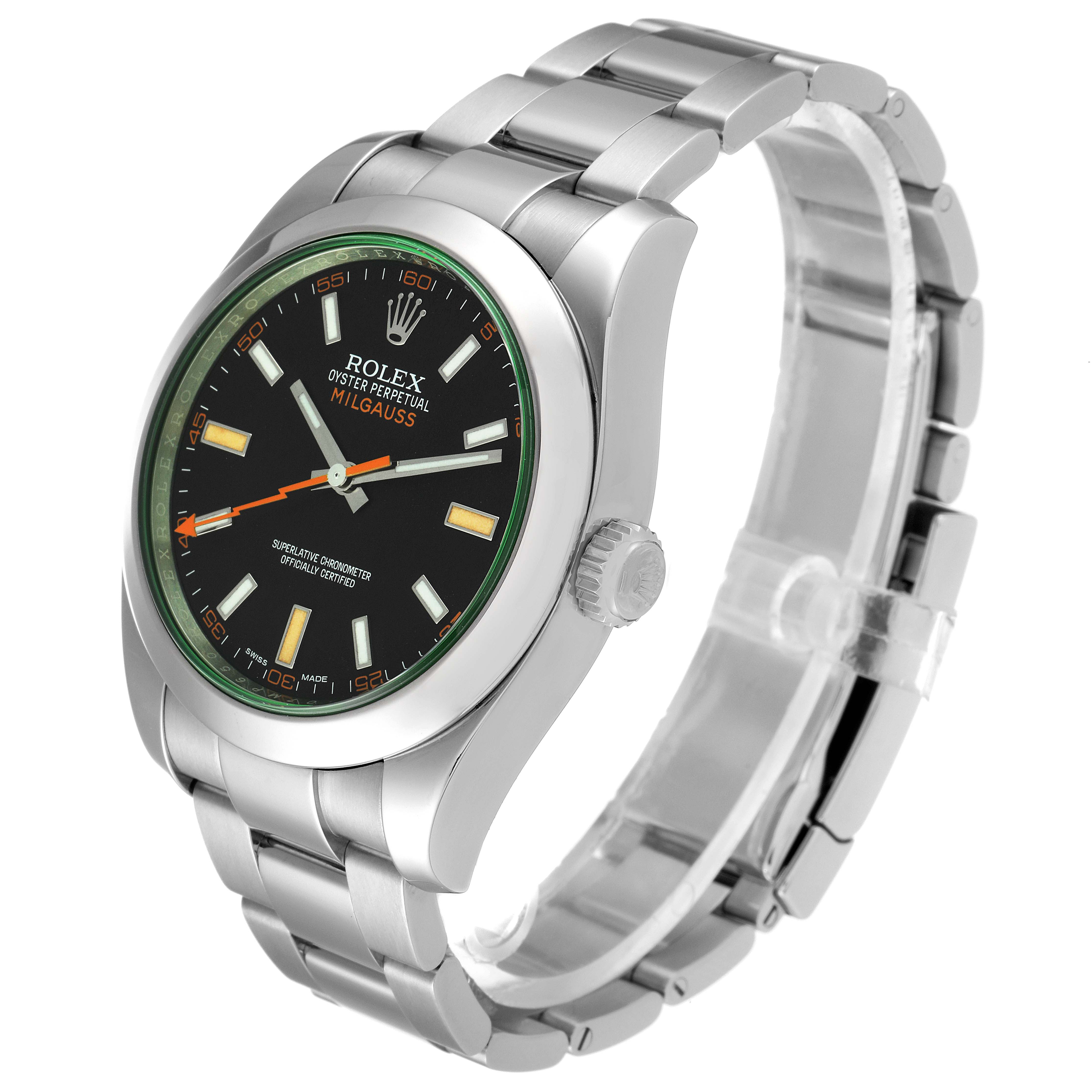 This Rolex Milgauss 116400GV Men's Stainless Steel Black Dial 116400GV Men's Stainless Steel Black Dial watch is shown at an angled side view, highlighting its black dial, stainless steel case, and bracelet.