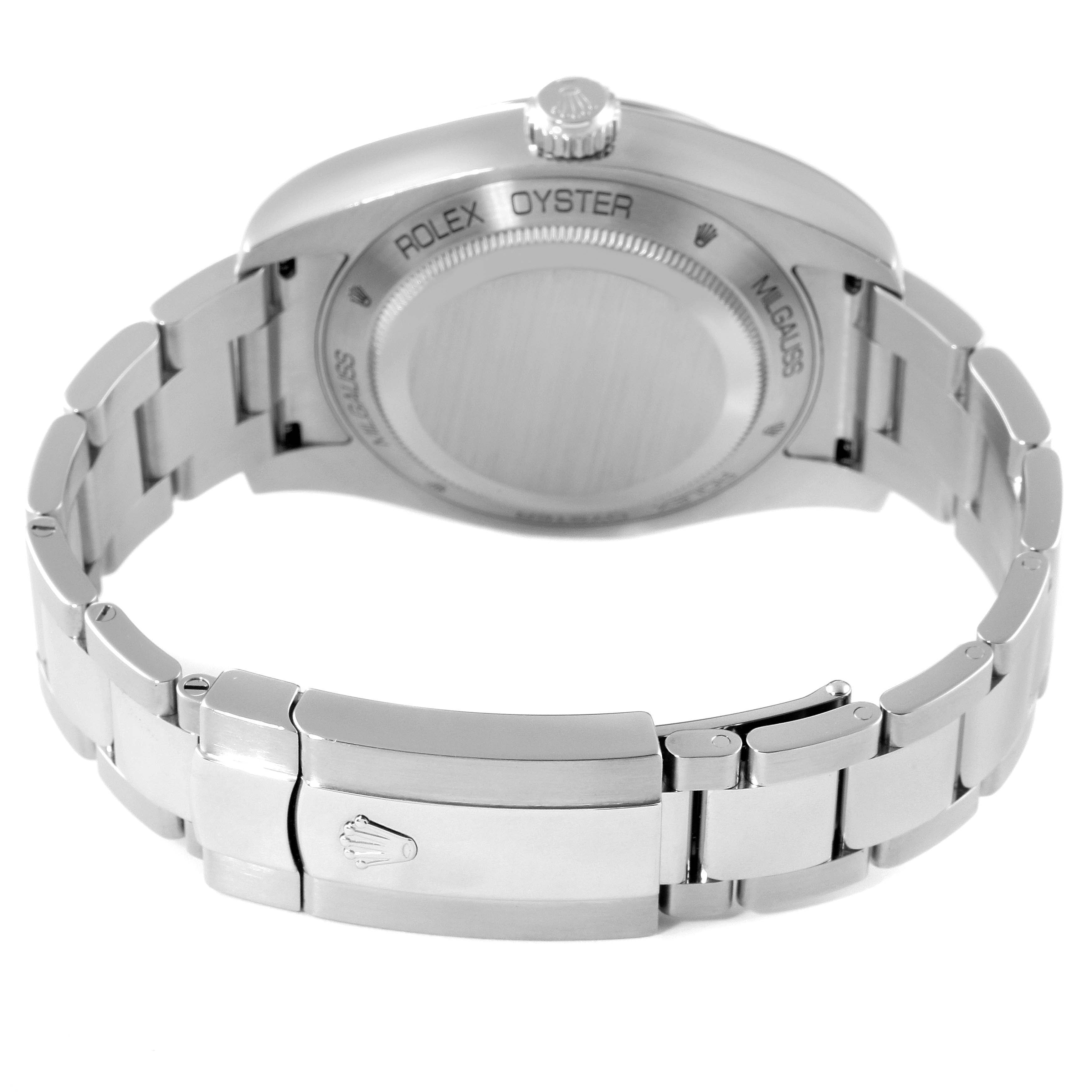 The image shows the back view of the Rolex Milgauss 116400GV Men's Stainless Steel Black Dial 116400GV Men's Stainless Steel Black Dial watch, highlighting the clasp and caseback.