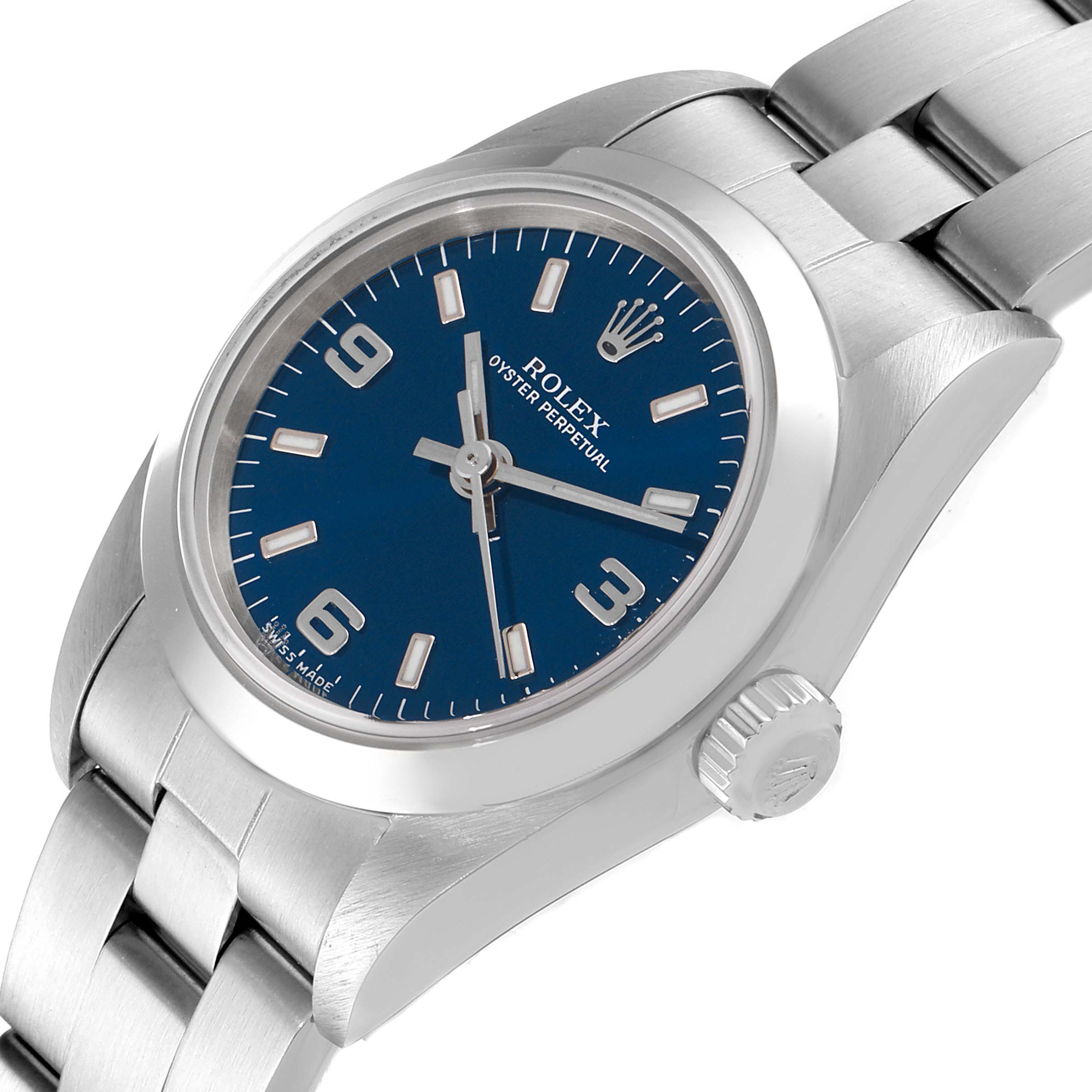 The image shows a Rolex Oyster Perpetual 76080 Women
s Stainless Steel Blue Dial 76080 Women
s Stainless Steel Blue Dial watch at a slight angle, highlighting the dial, crown, and part of the bracelet.