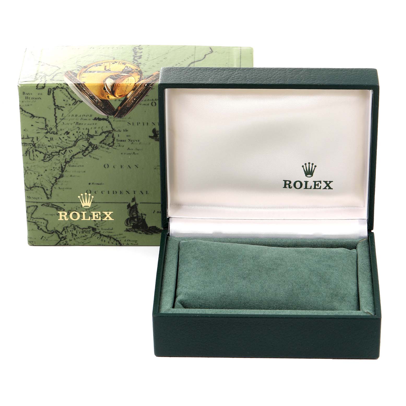 The image shows a Rolex Oyster Perpetual 76080 Women
s Stainless Steel Blue Dial 76080 Women
s Stainless Steel Blue Dial watch box and its interior cushion, with the brand
s logo visible inside the lid.