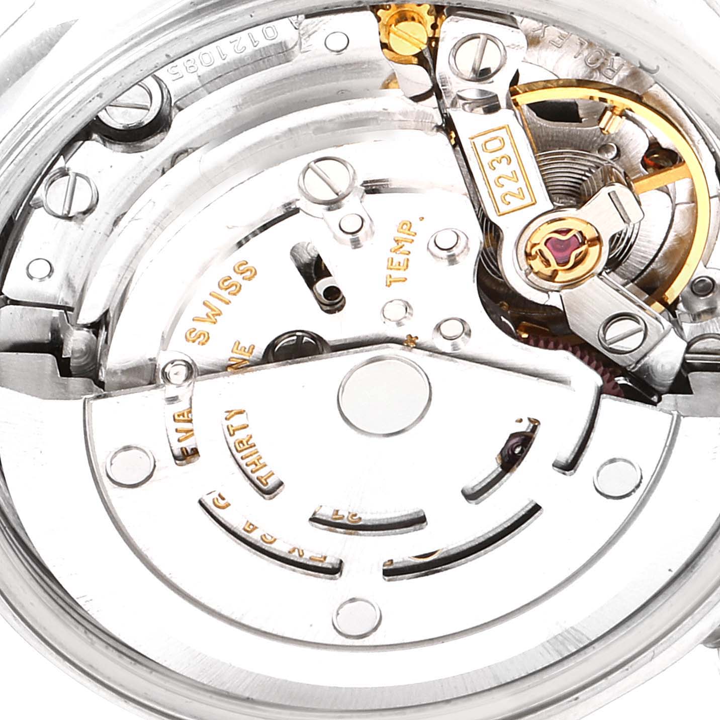 This image shows a close-up view of the Rolex Oyster Perpetual 76080 Women
s Stainless Steel Blue Dial 76080 Women
s Stainless Steel Blue Dial
s movement and internal mechanics.