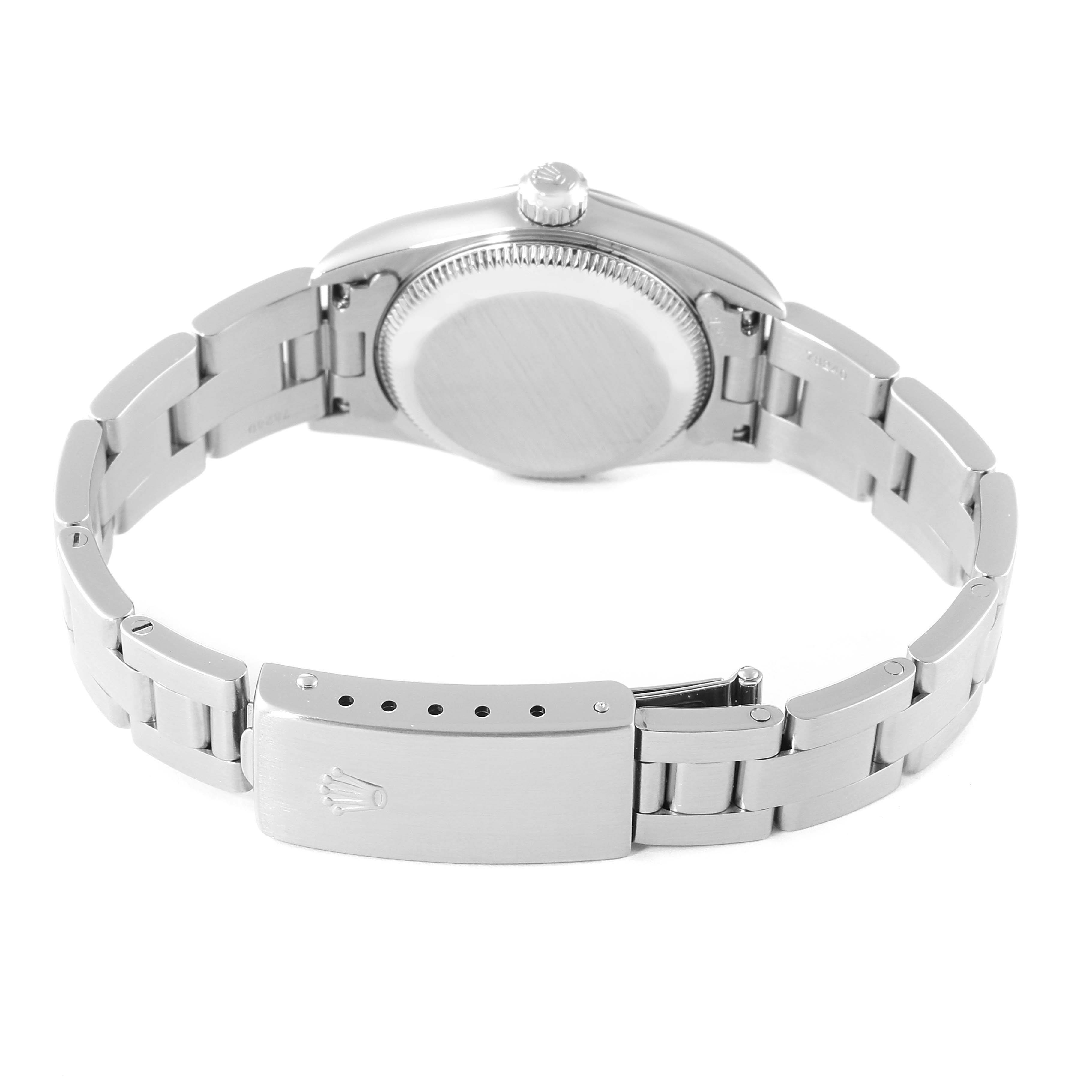 This image shows the back view of a Rolex Oyster Perpetual 76080 Women
s Stainless Steel Blue Dial 76080 Women
s Stainless Steel Blue Dial watch, featuring the case back, crown, and bracelet clasp.