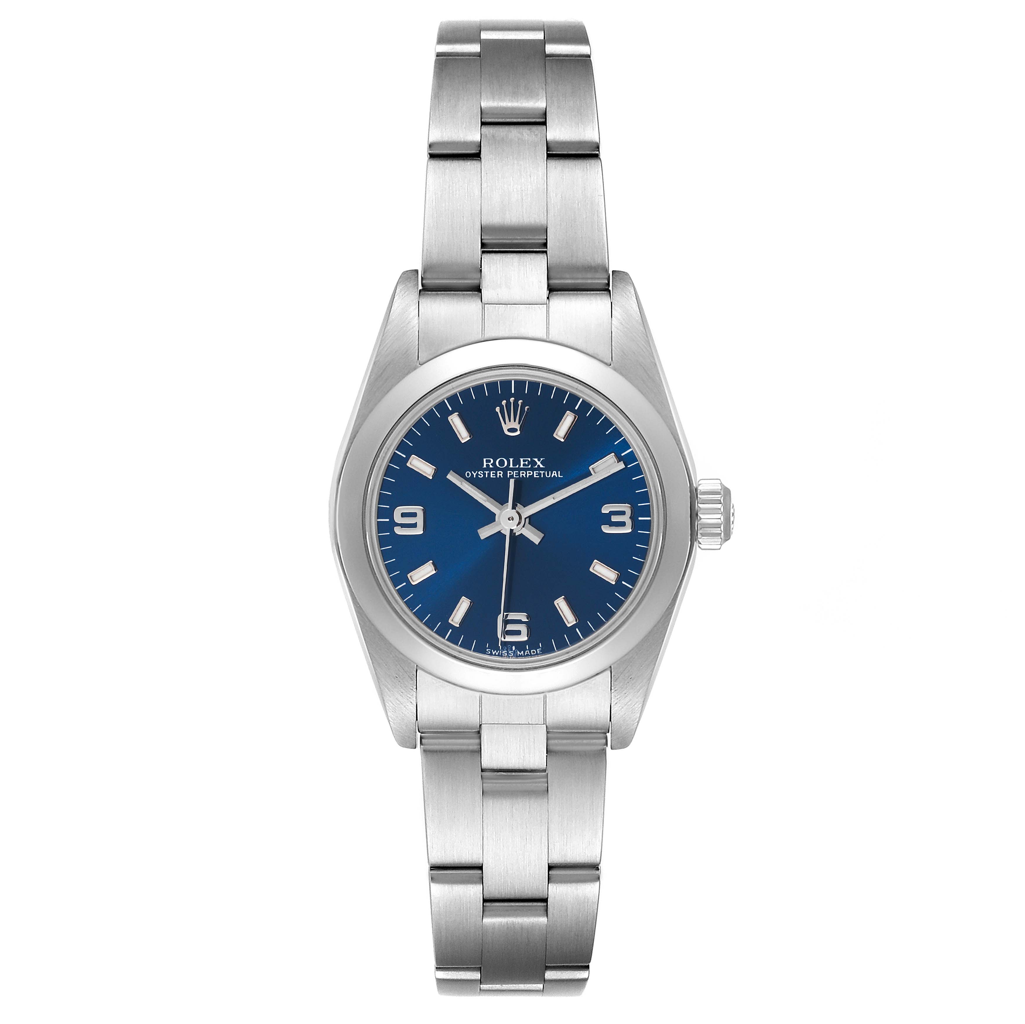 The image shows a front view of a Rolex Oyster Perpetual 76080 Women
s Stainless Steel Blue Dial 76080 Women
s Stainless Steel Blue Dial watch with a blue dial and silver bracelet.