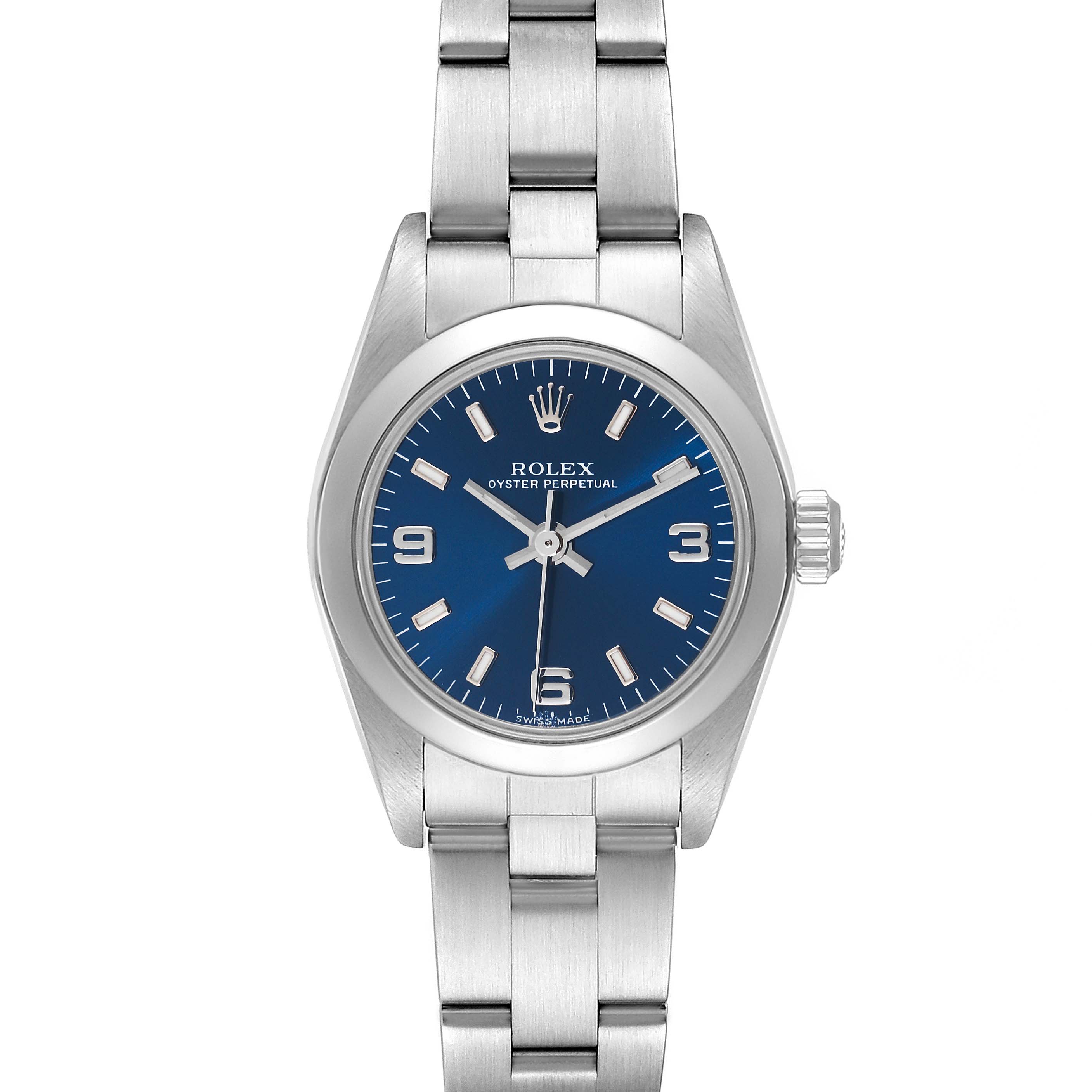 This is a front view of the Rolex Oyster Perpetual 76080 Women
s Stainless Steel Blue Dial 76080 Women
s Stainless Steel Blue Dial watch, displaying its blue dial, silver hour markers, and stainless steel bracelet.
