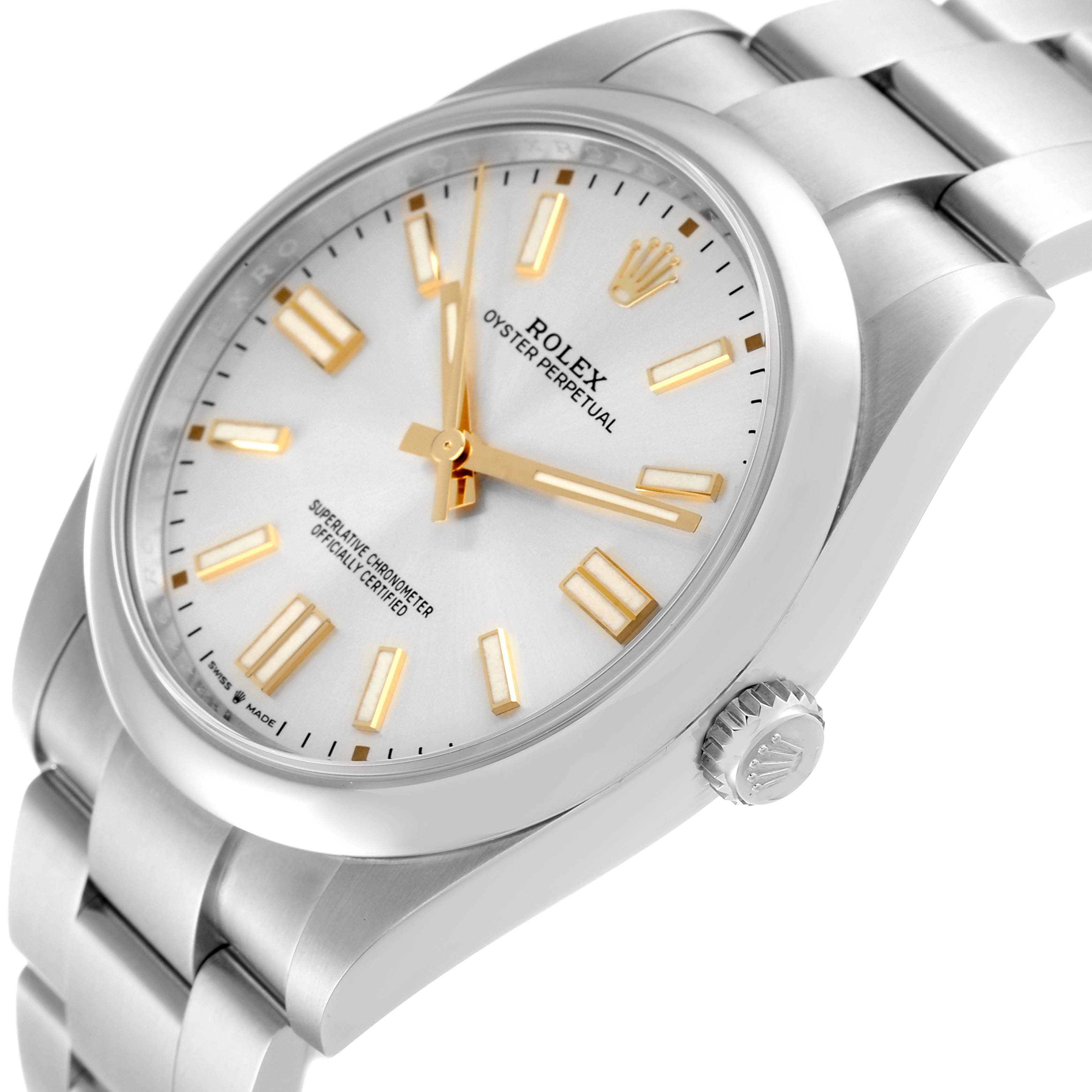 The Rolex Oyster Perpetual 124300 Men's Stainless Steel Silver Dial 124300 Men's Stainless Steel Silver Dial watch is shown at a slight angle, highlighting the face, dial, crown, and part of the bracelet.